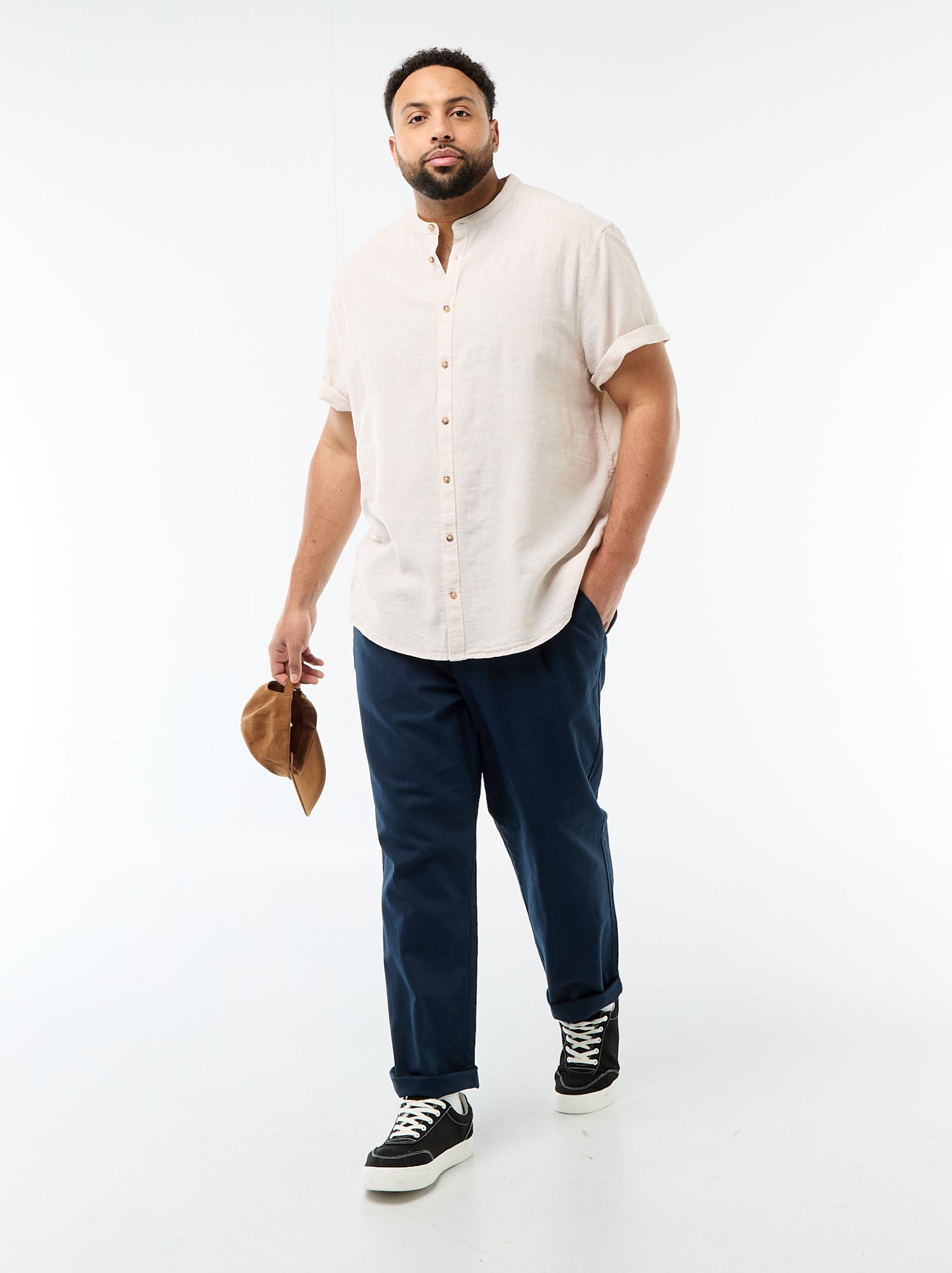 Chemise en lin mélangé à manches courtes - Beige