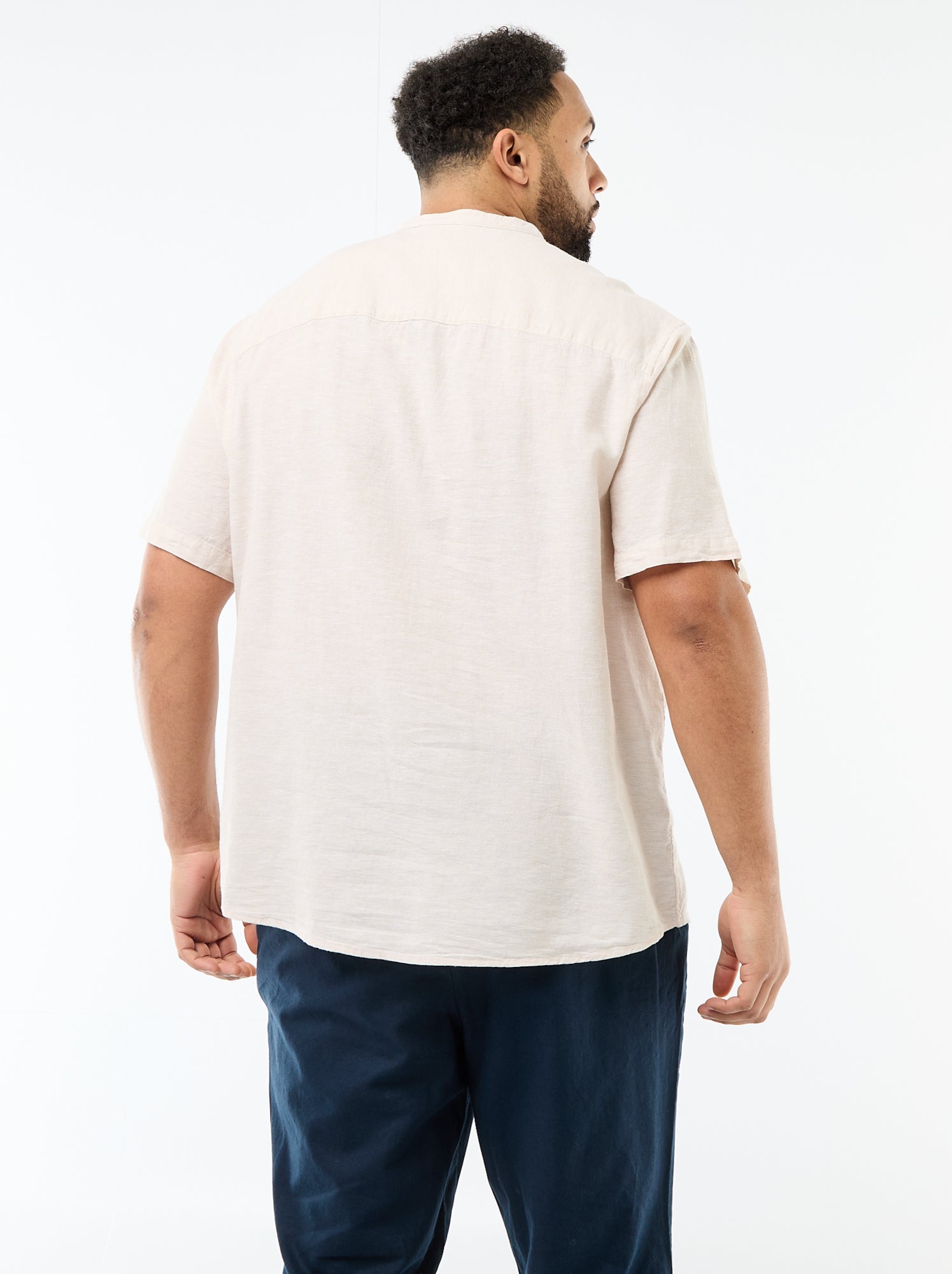 Chemise en lin mélangé à manches courtes - Beige