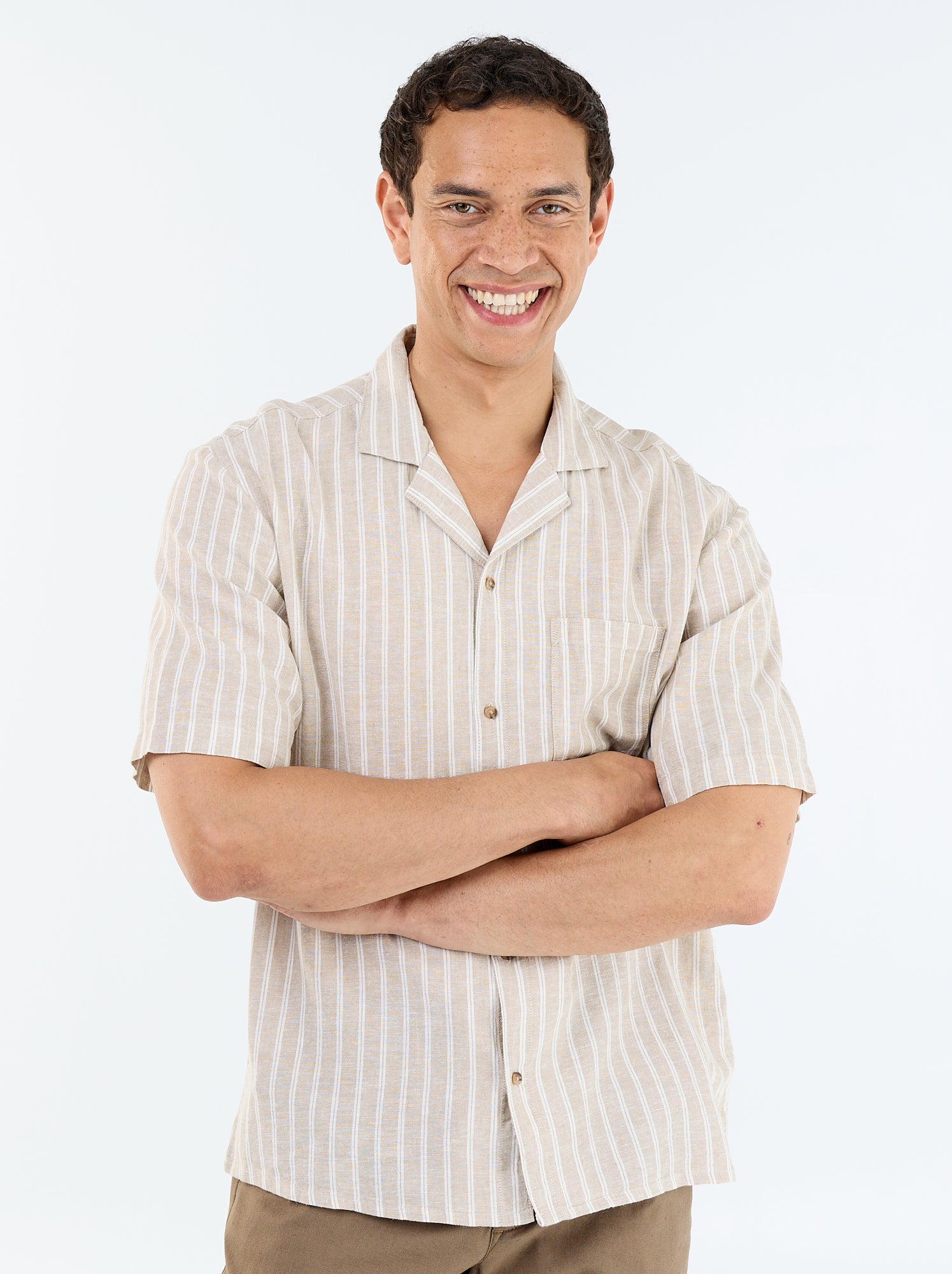 Chemise en lin mélangé à manches courtes - Beige