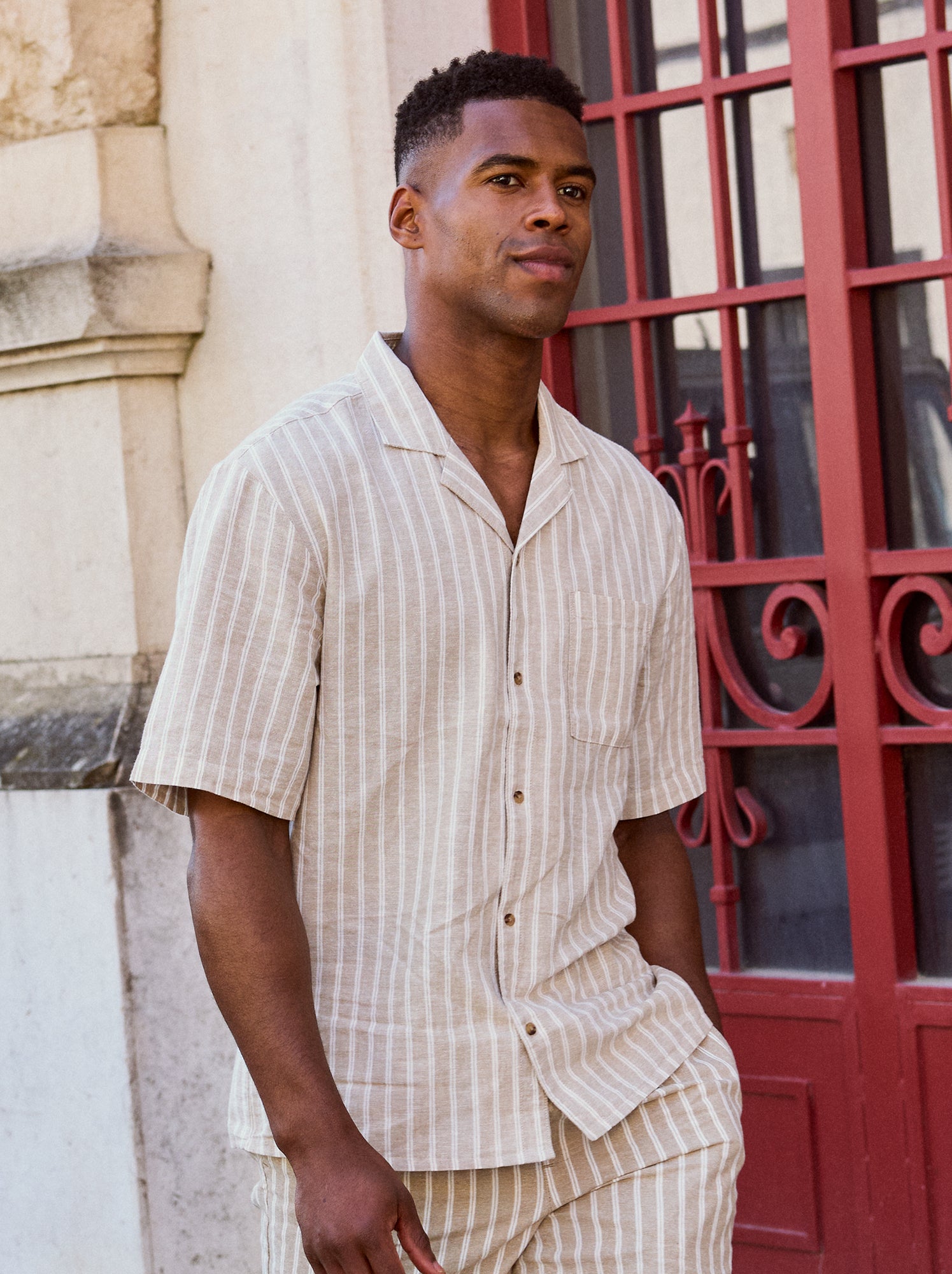 Chemise en lin mélangé à manches courtes - Beige