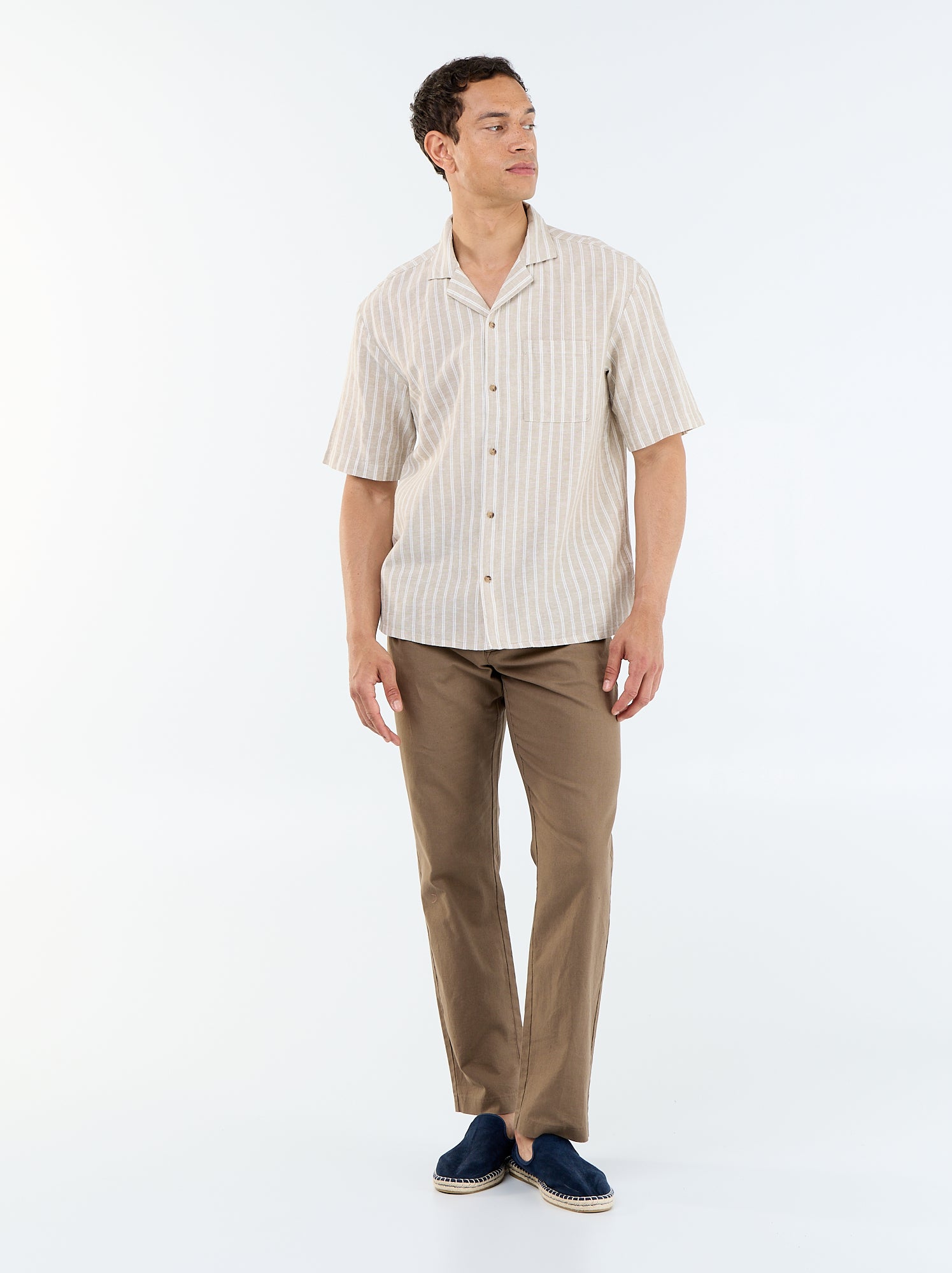 Chemise en lin mélangé à manches courtes - Beige