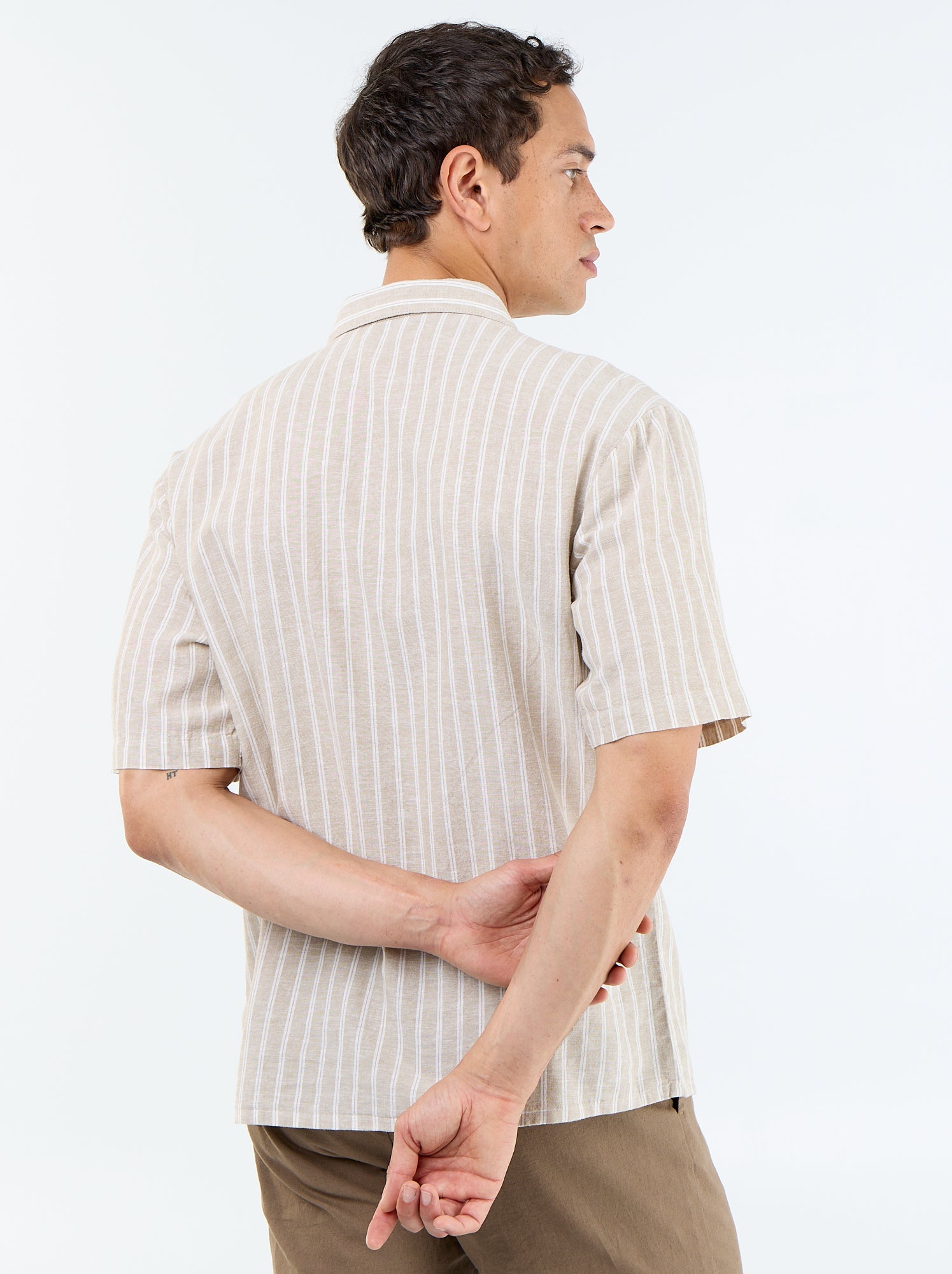 Chemise en lin mélangé à manches courtes - Beige