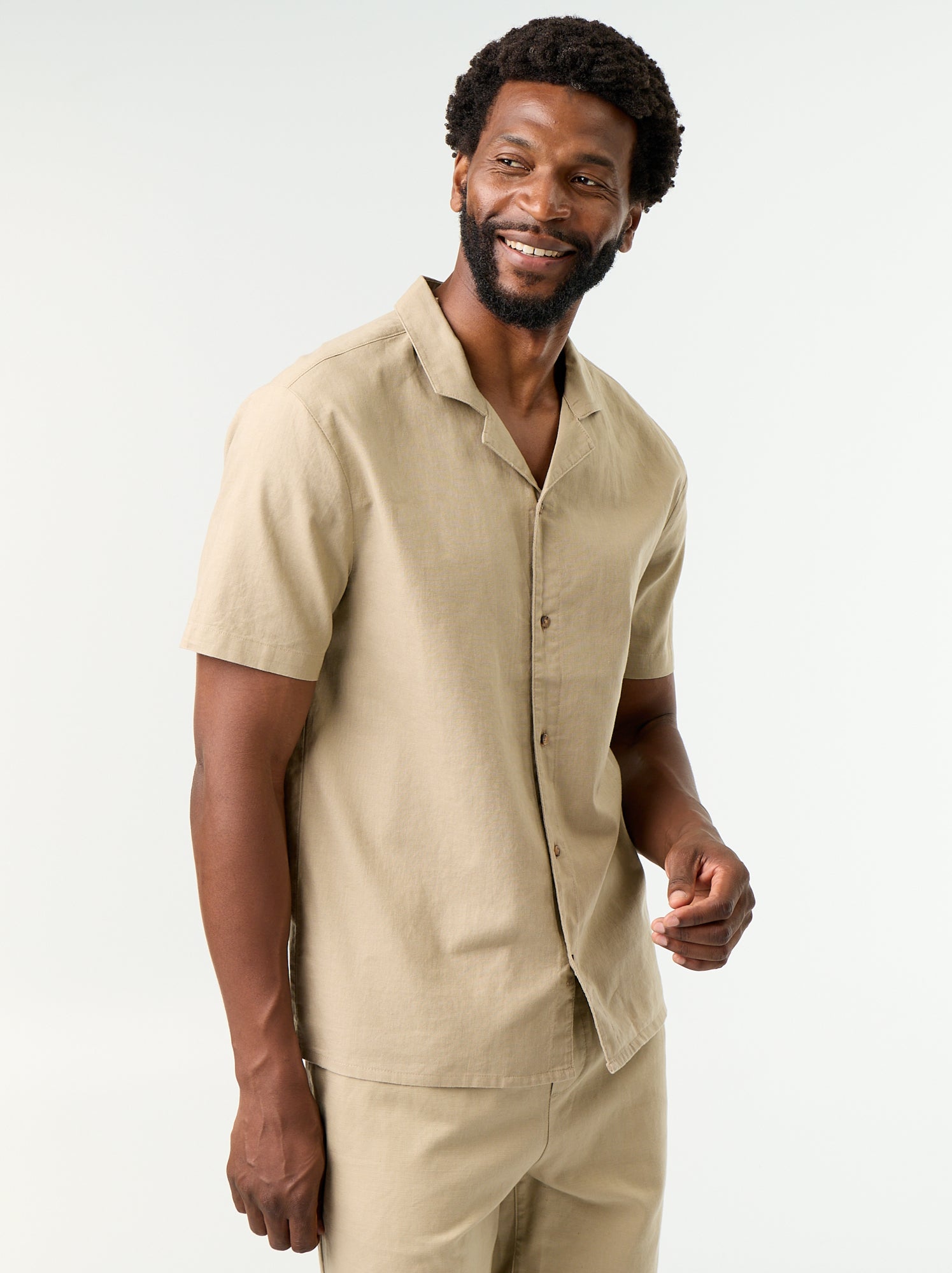 Chemise en lin mélangé à manches courtes - Beige