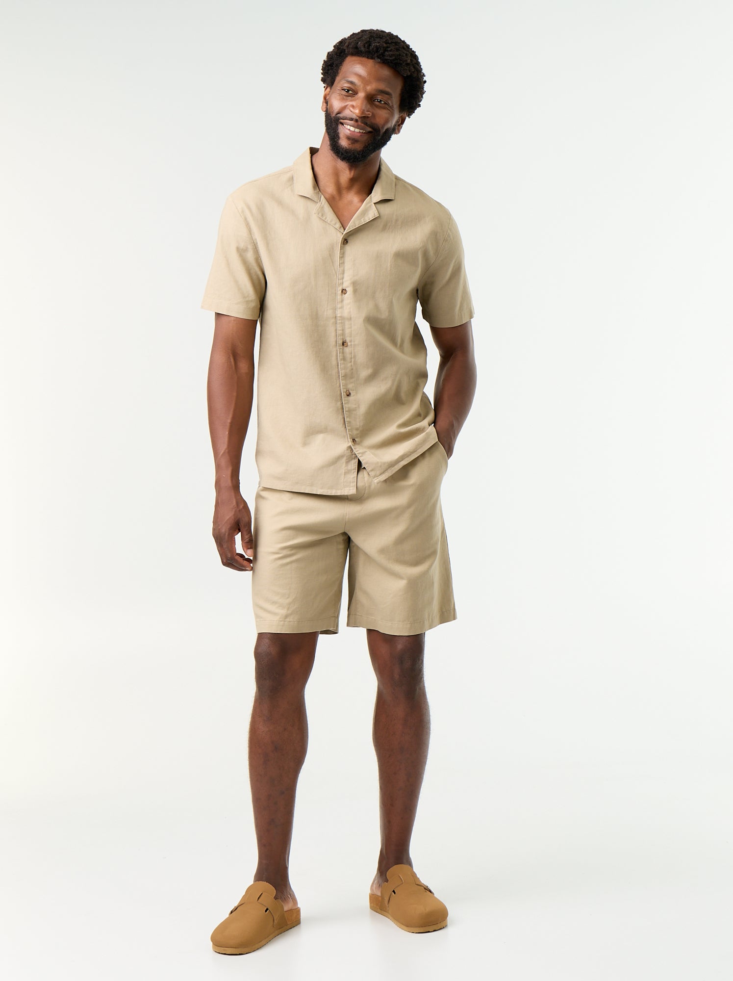 Chemise en lin mélangé à manches courtes - Beige