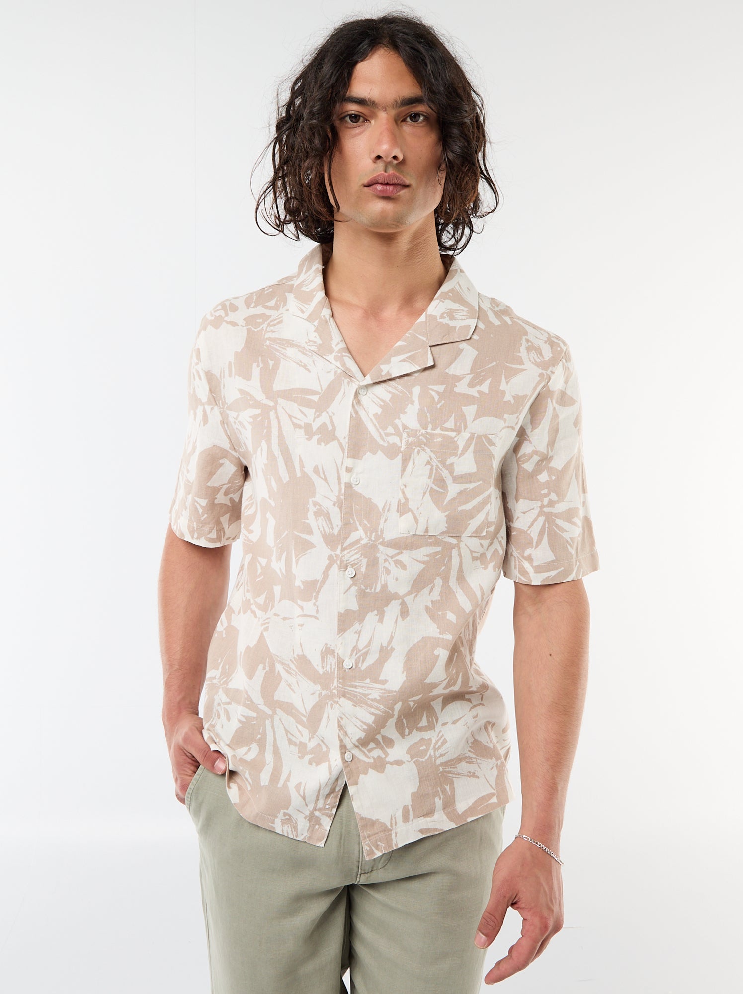 Chemise en lin mélangé à manches courtes - Blanc
