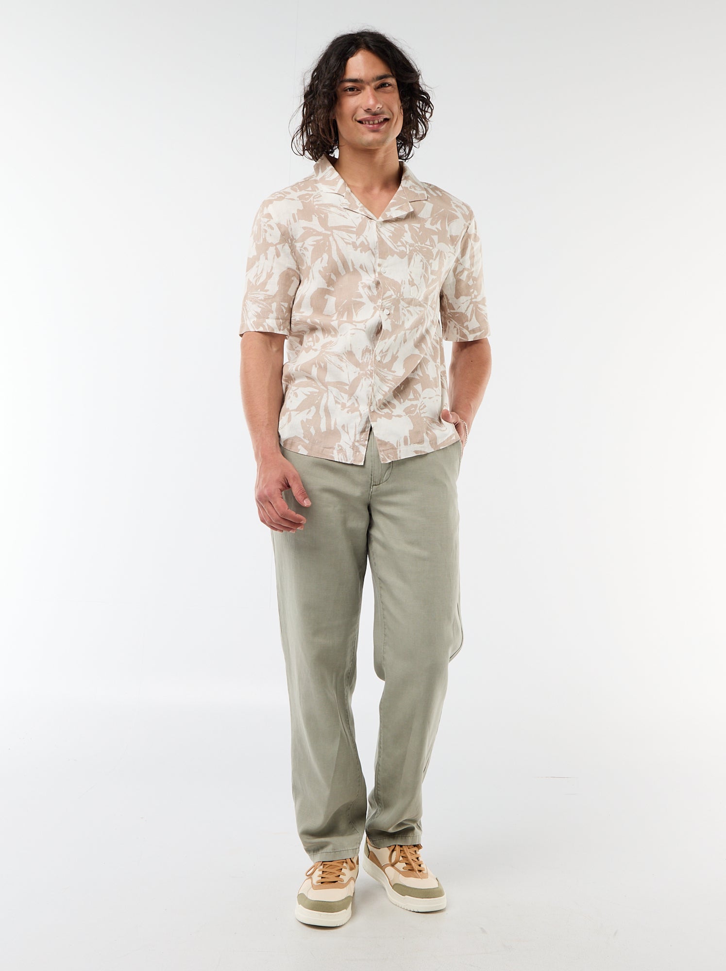 Chemise en lin mélangé à manches courtes - Blanc