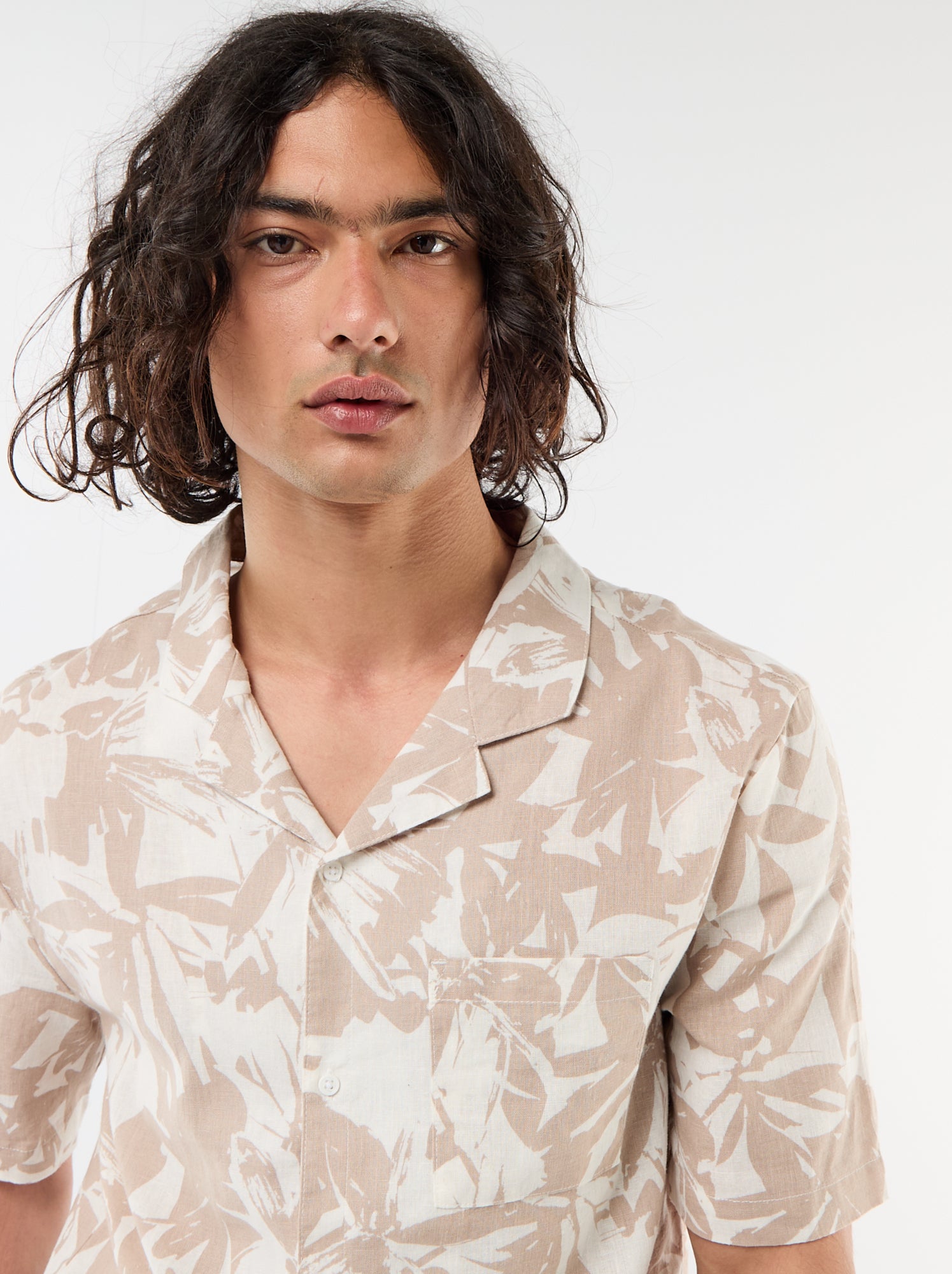 Chemise en lin mélangé à manches courtes - Blanc