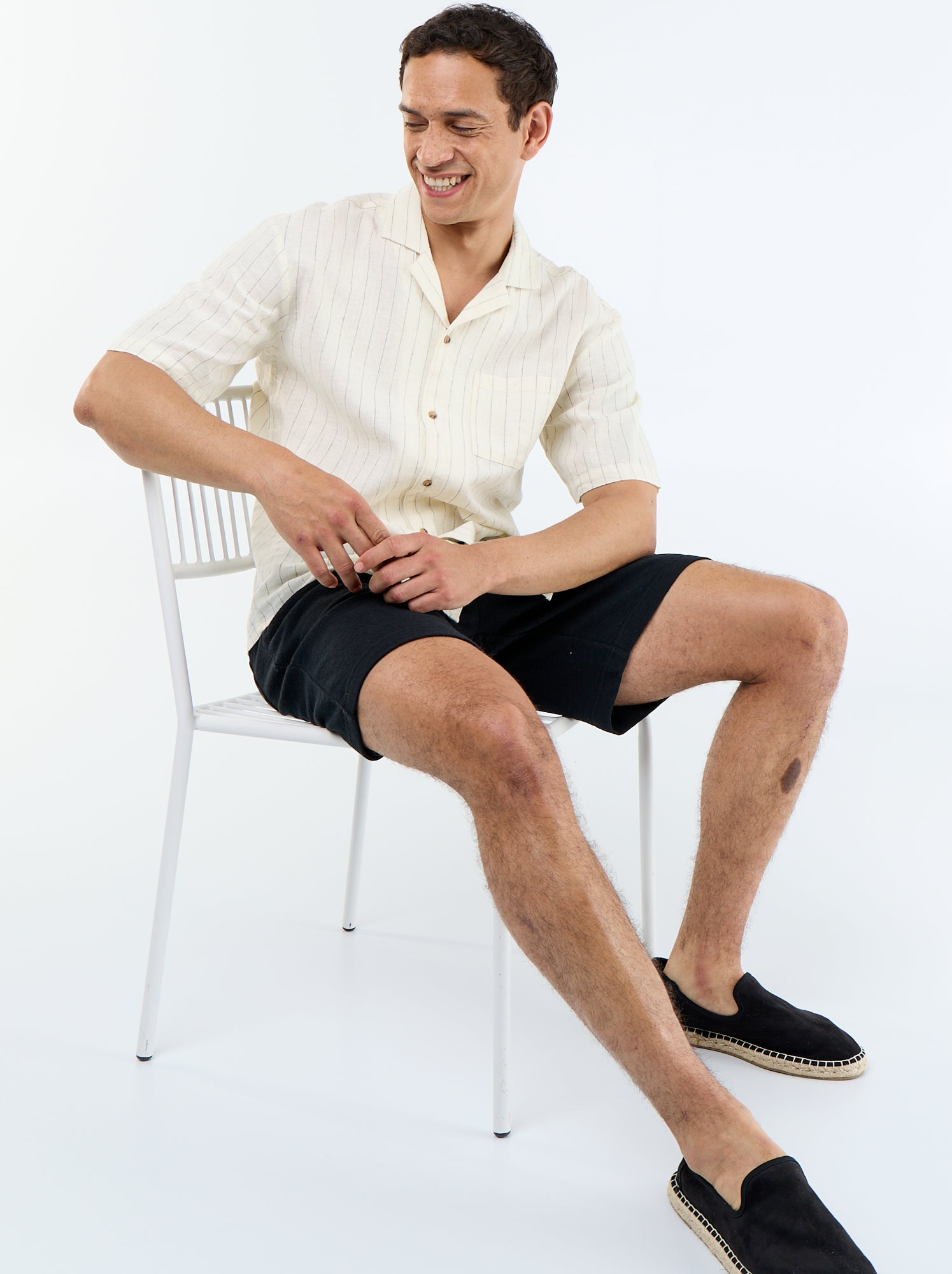 Chemise en lin mélangé à manches courtes - Blanc