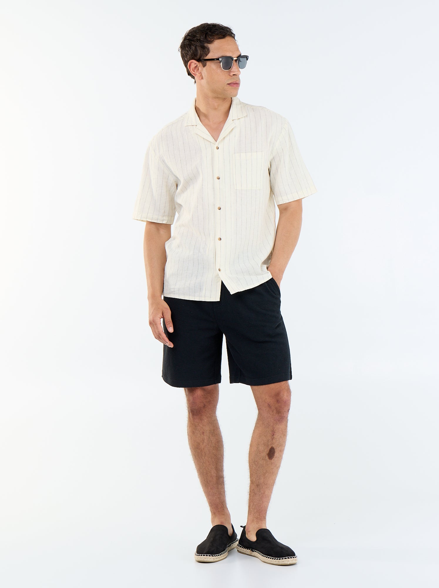 Chemise en lin mélangé à manches courtes - Blanc