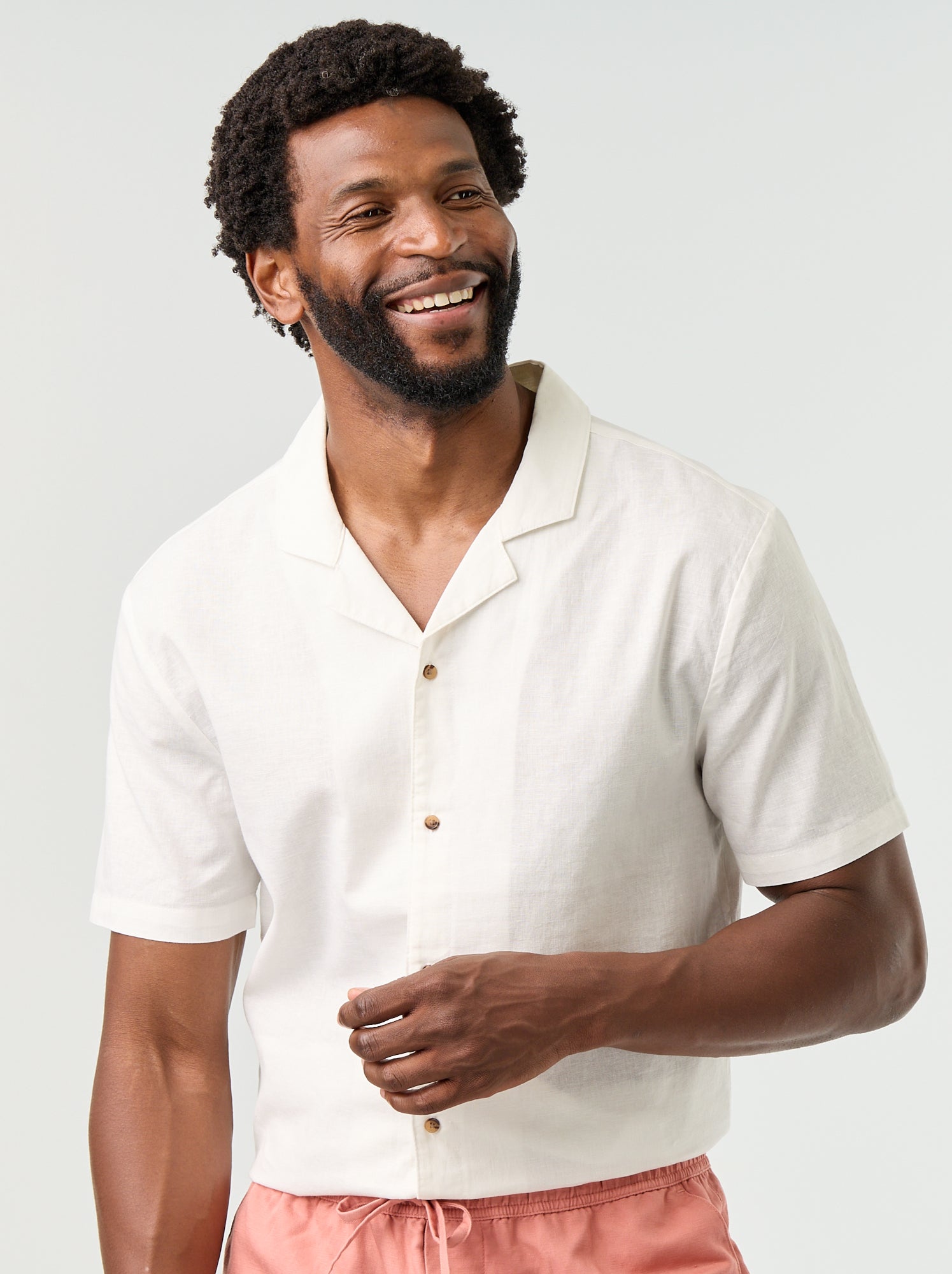 Chemise en lin mélangé à manches courtes - Blanc