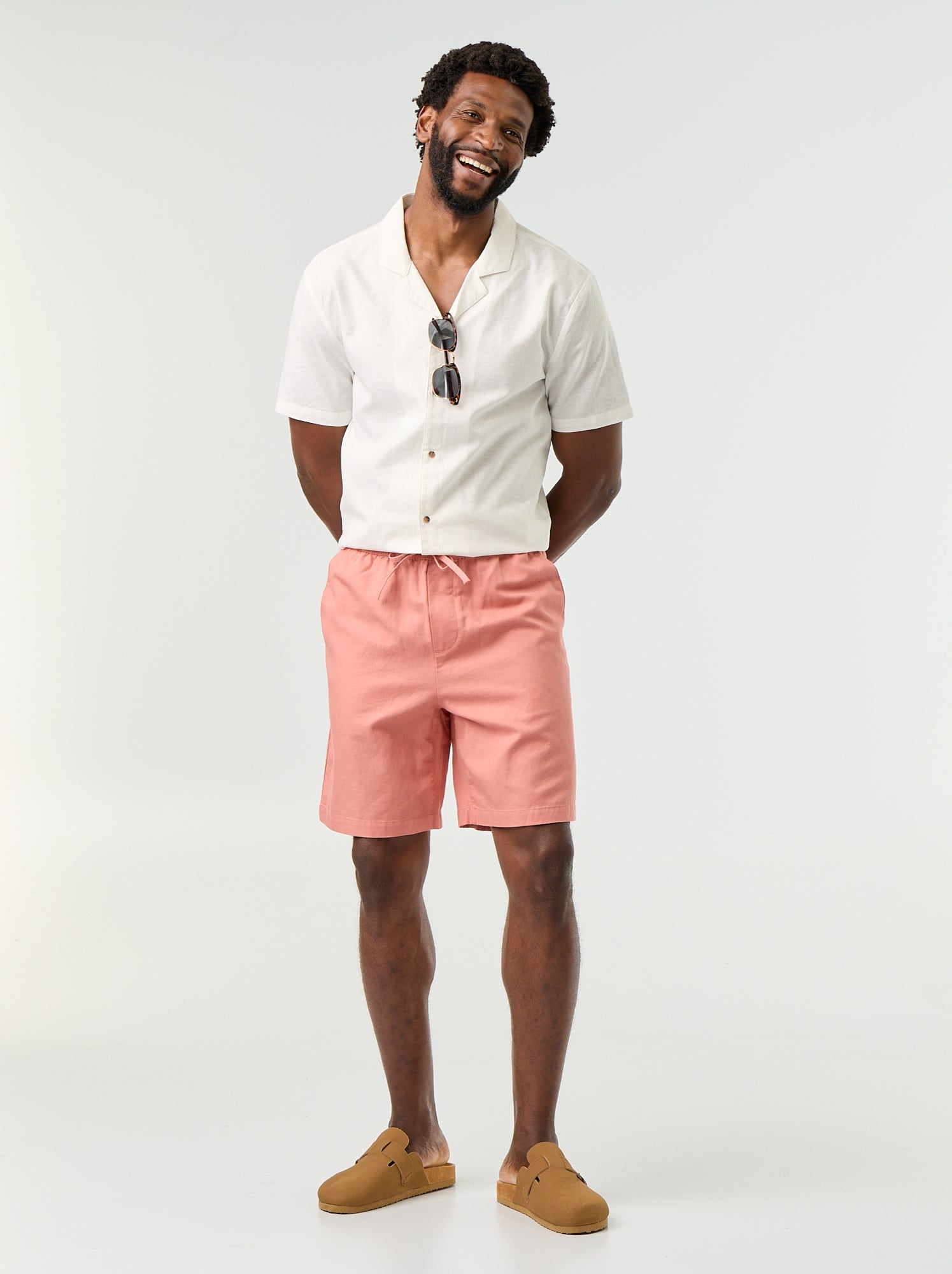 Chemise en lin mélangé à manches courtes - Blanc