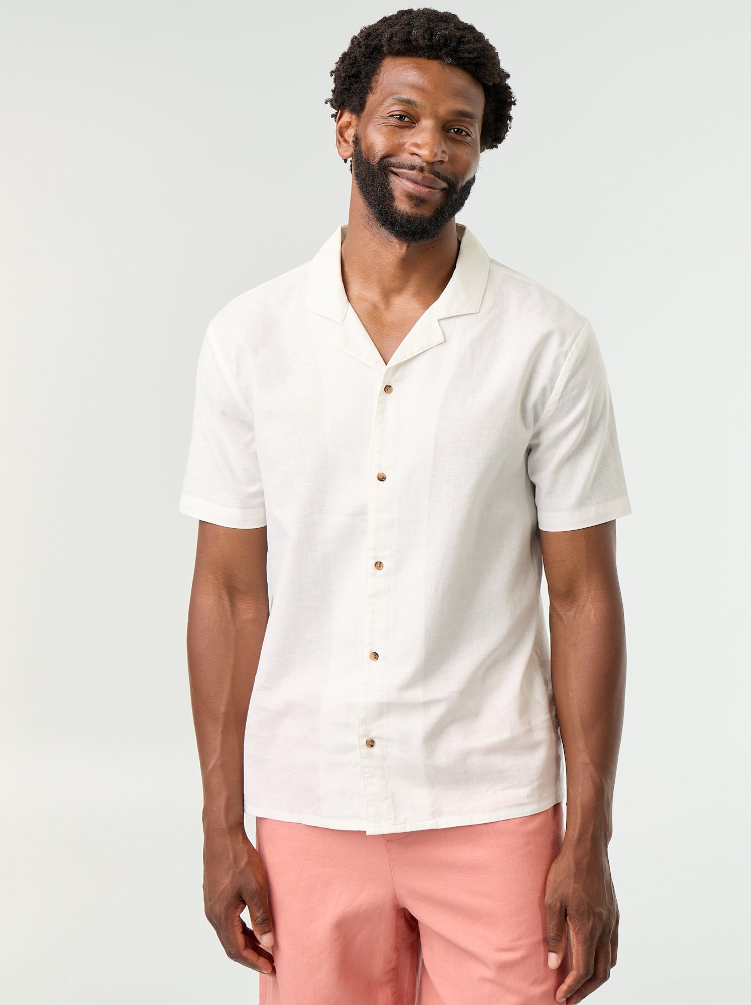 Chemise en lin mélangé à manches courtes - Blanc