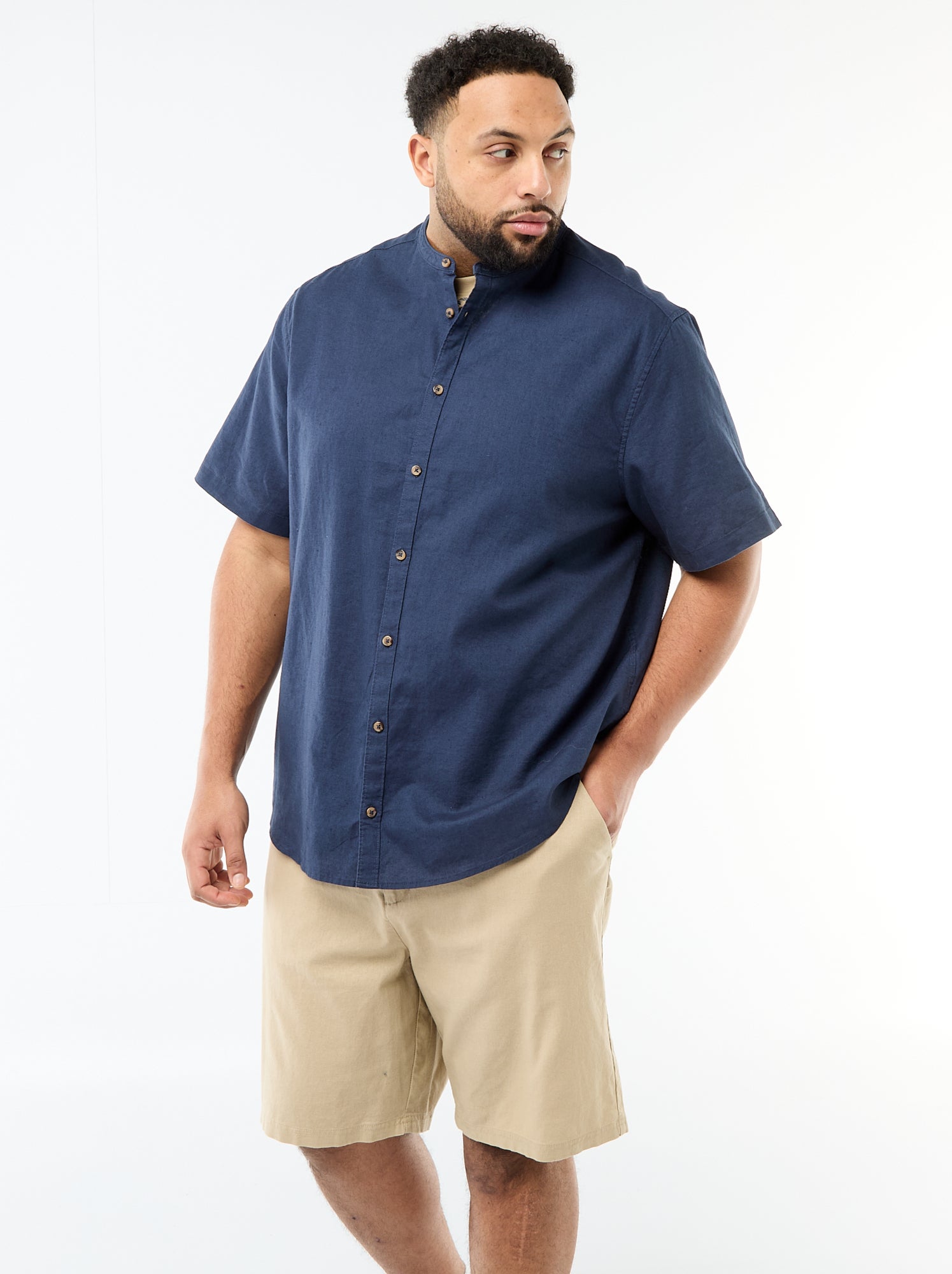 Chemise en lin mélangé à manches courtes - Bleu