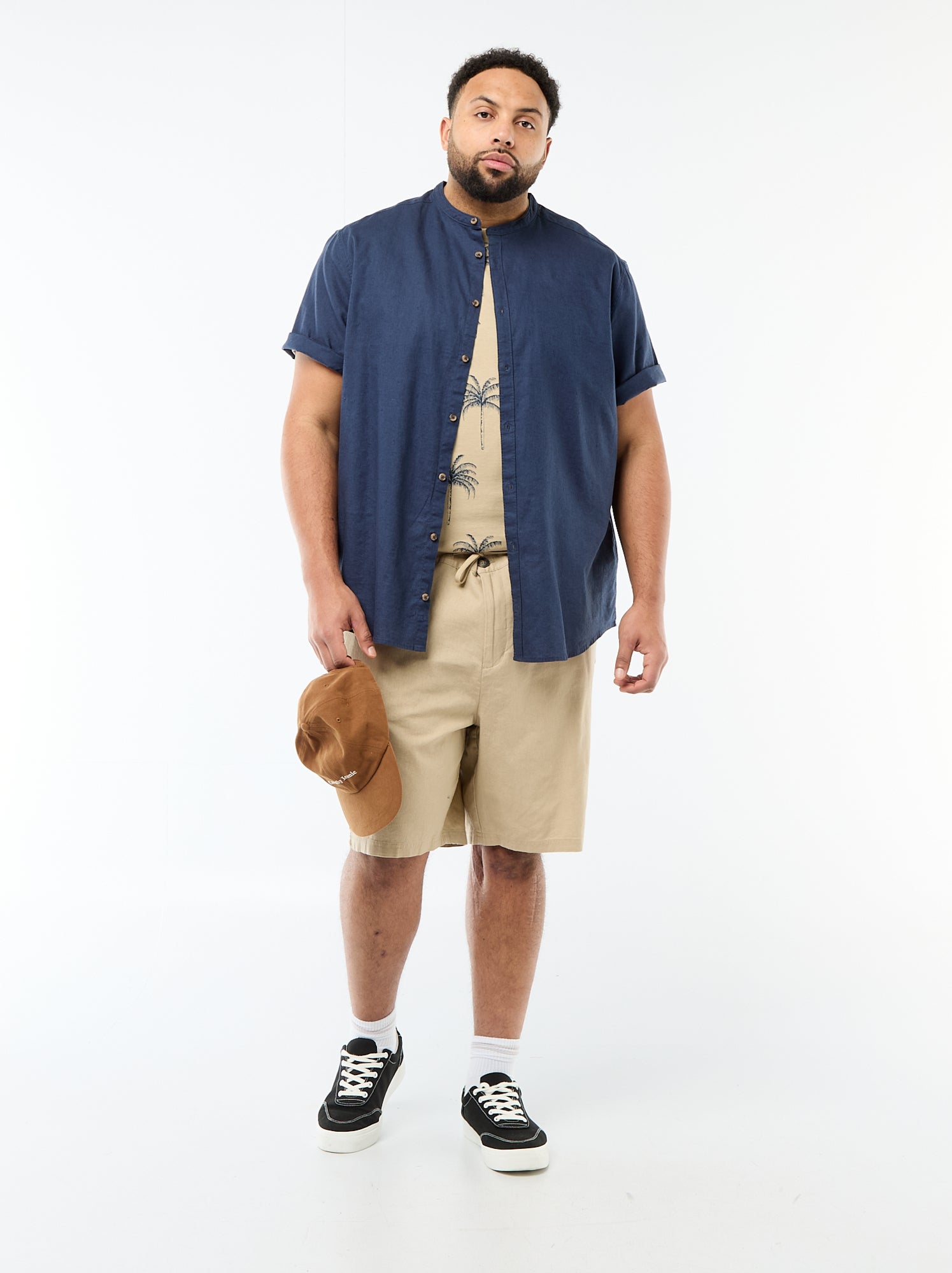 Chemise en lin mélangé à manches courtes - Bleu