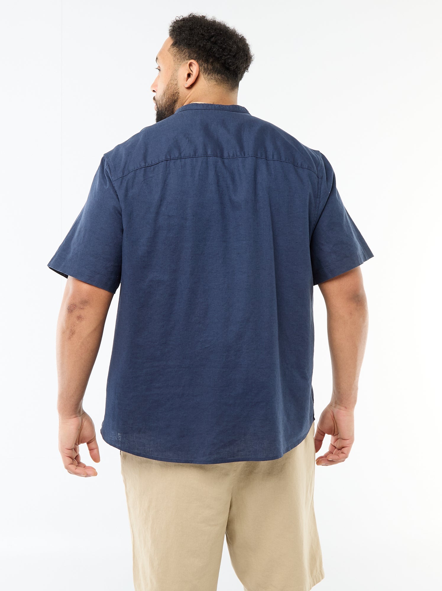 Chemise en lin mélangé à manches courtes - Bleu