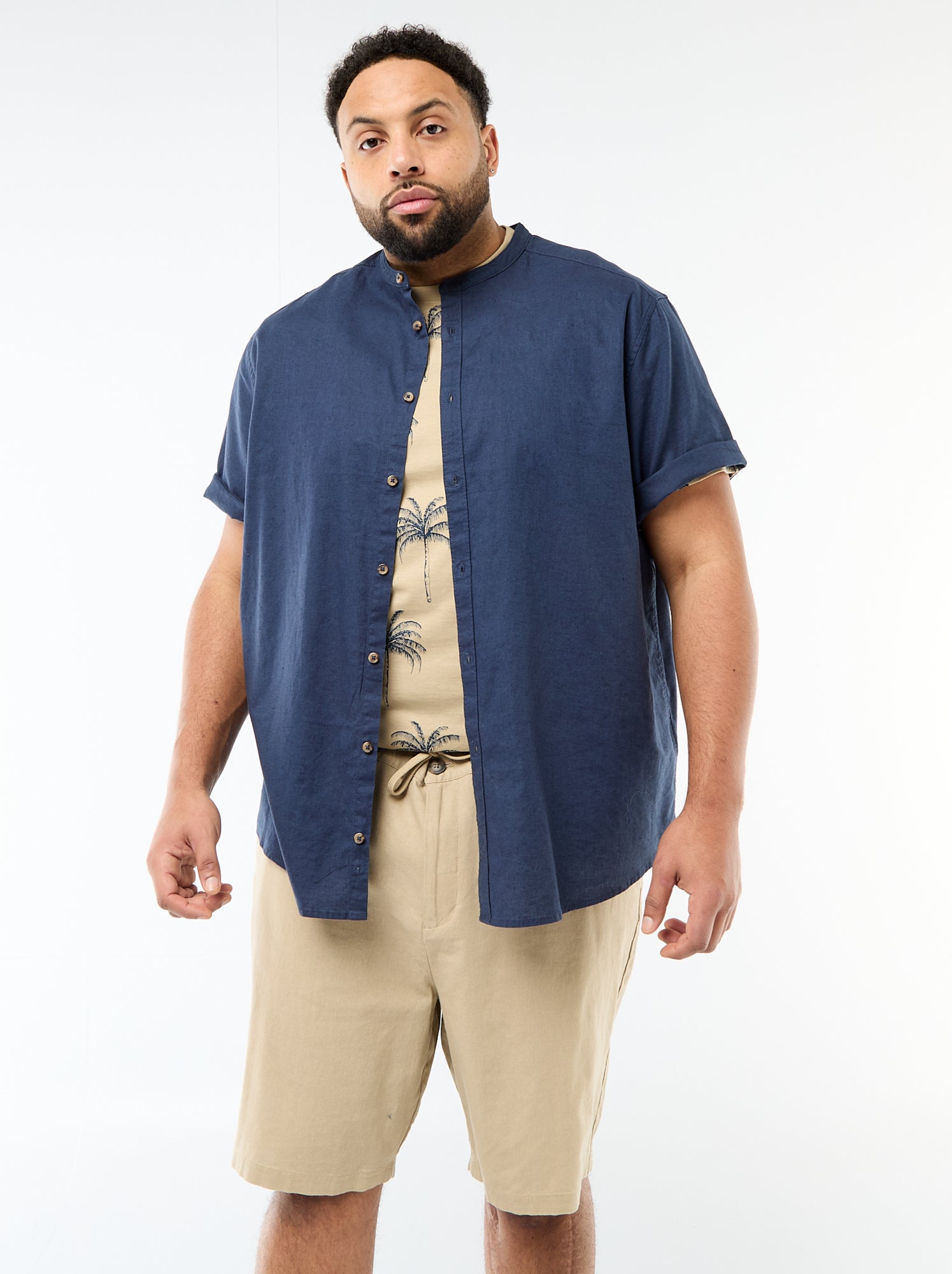 Chemise en lin mélangé à manches courtes - Bleu