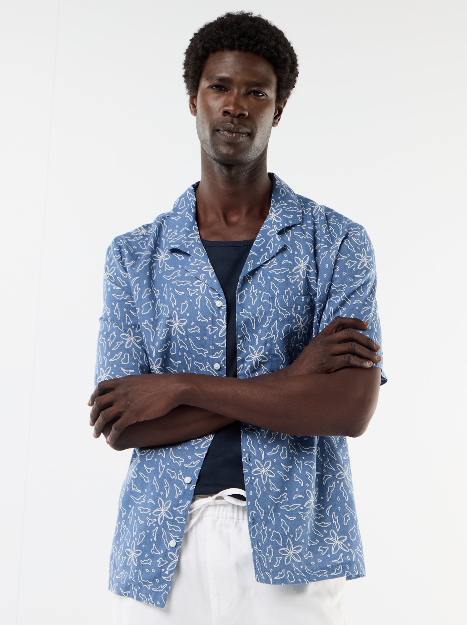 Chemise en lin mélangé à manches courtes - Bleu