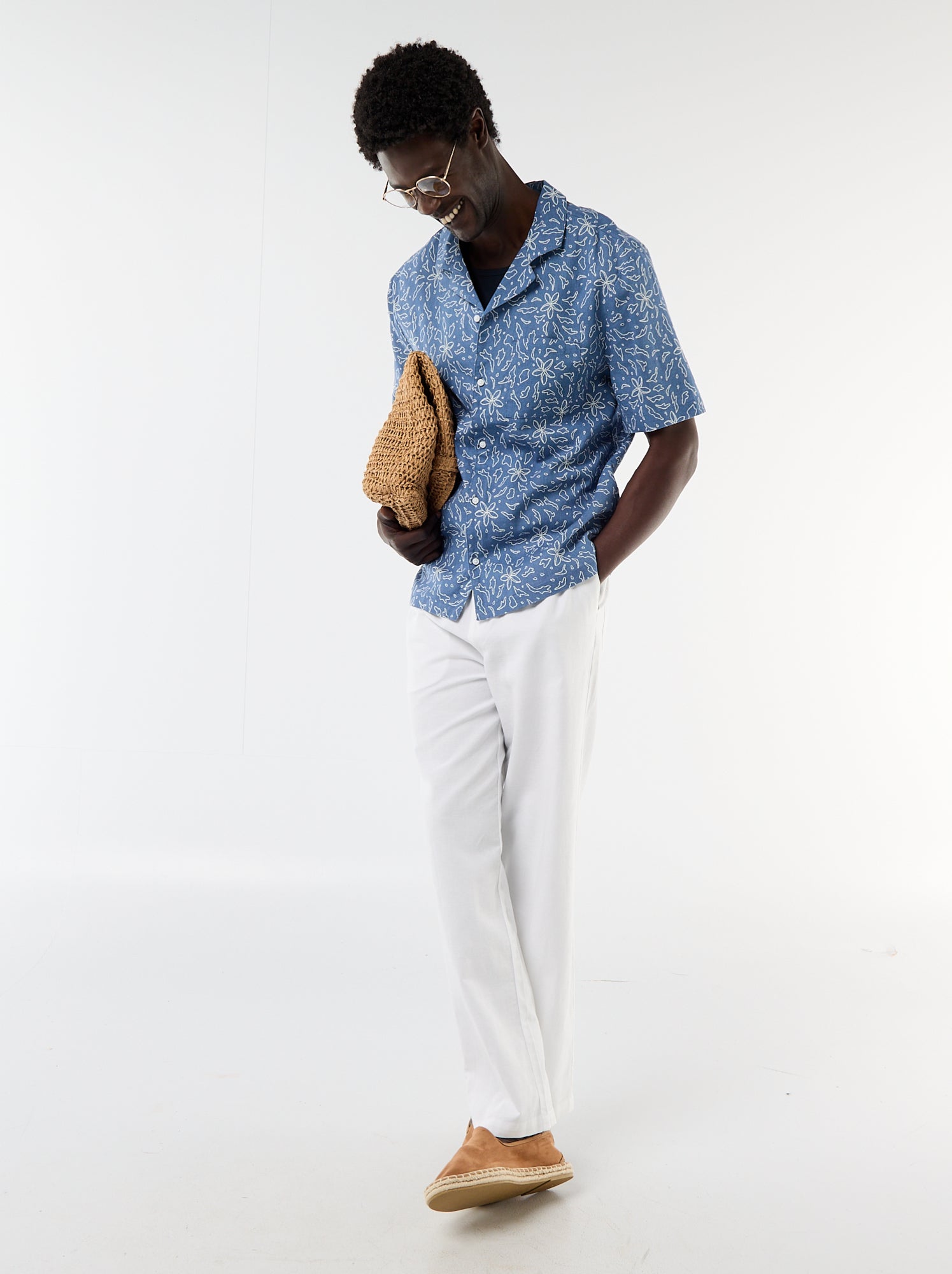 Chemise en lin mélangé à manches courtes - Bleu