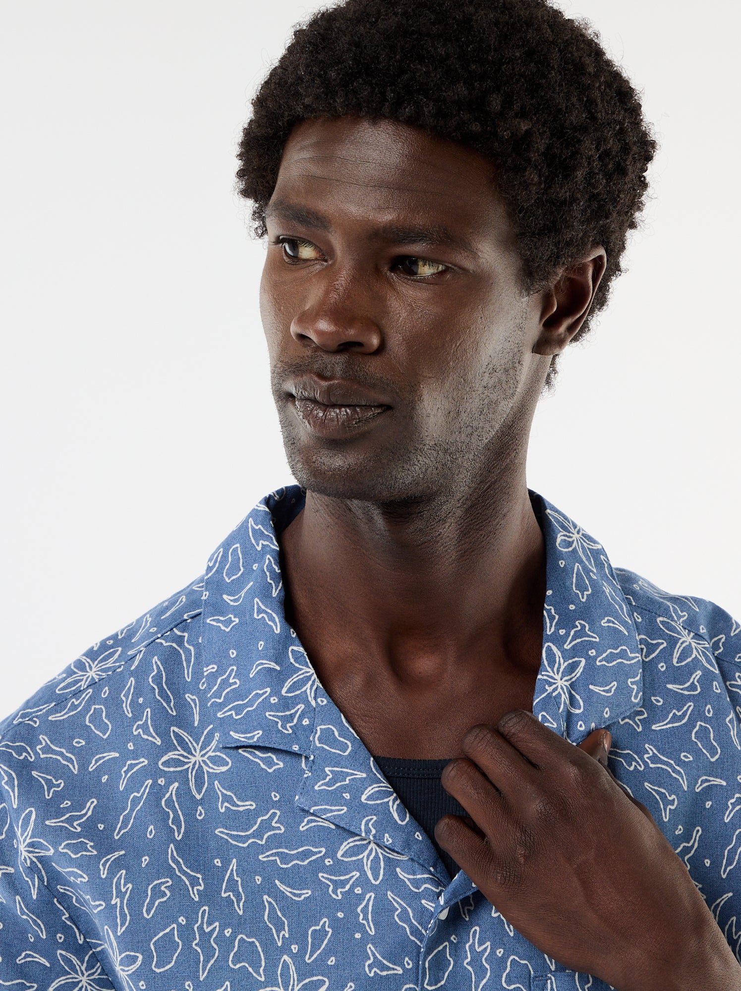 Chemise en lin mélangé à manches courtes - Bleu