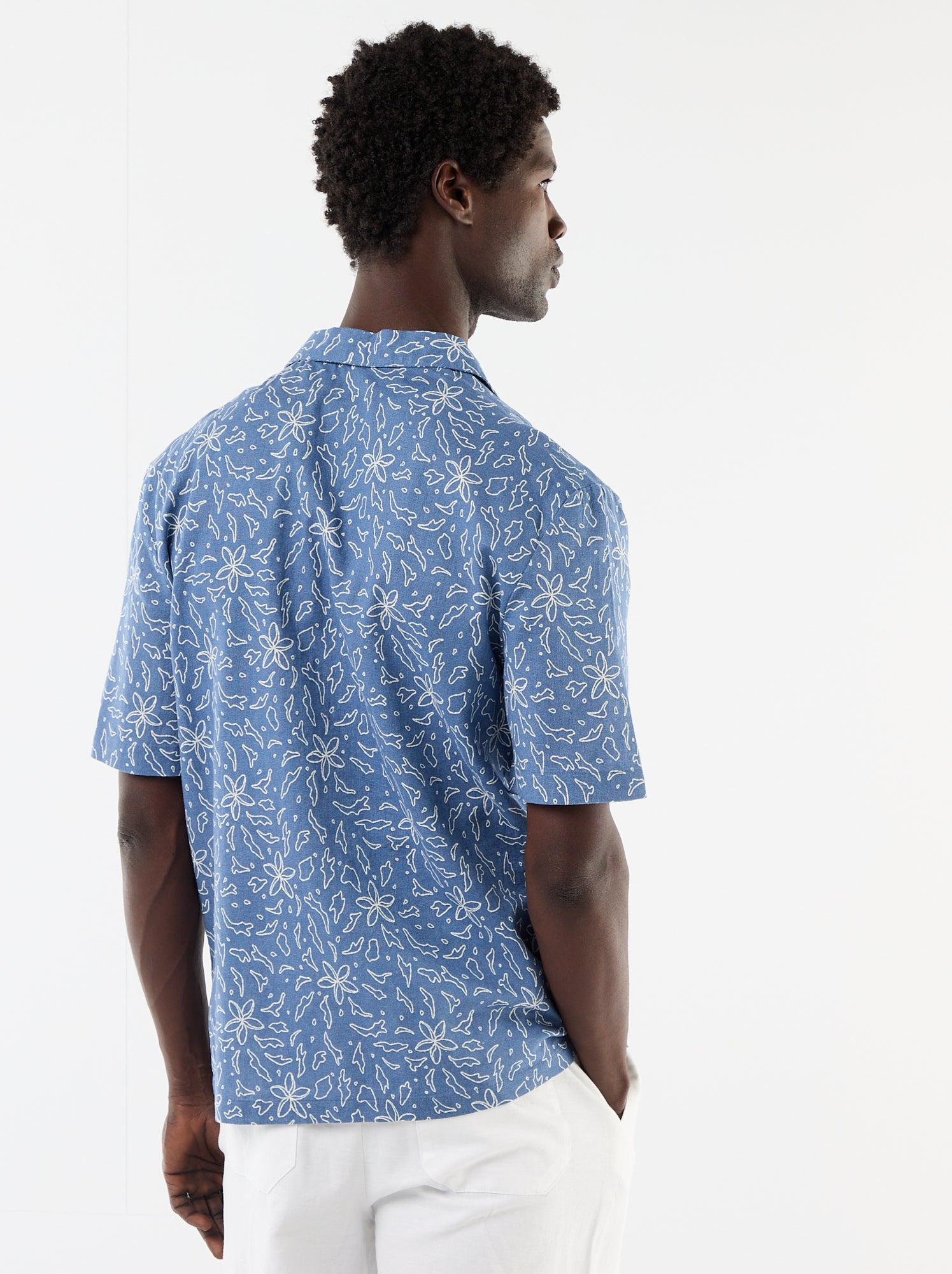Chemise en lin mélangé à manches courtes - Bleu