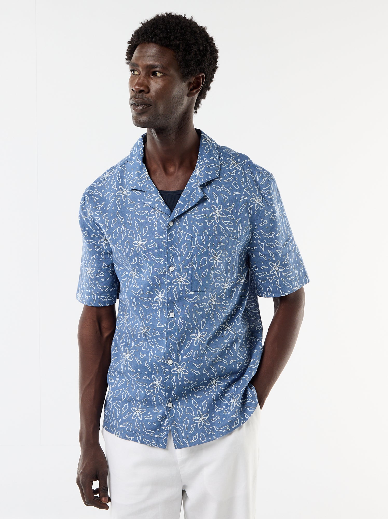 Chemise en lin mélangé à manches courtes - Bleu
