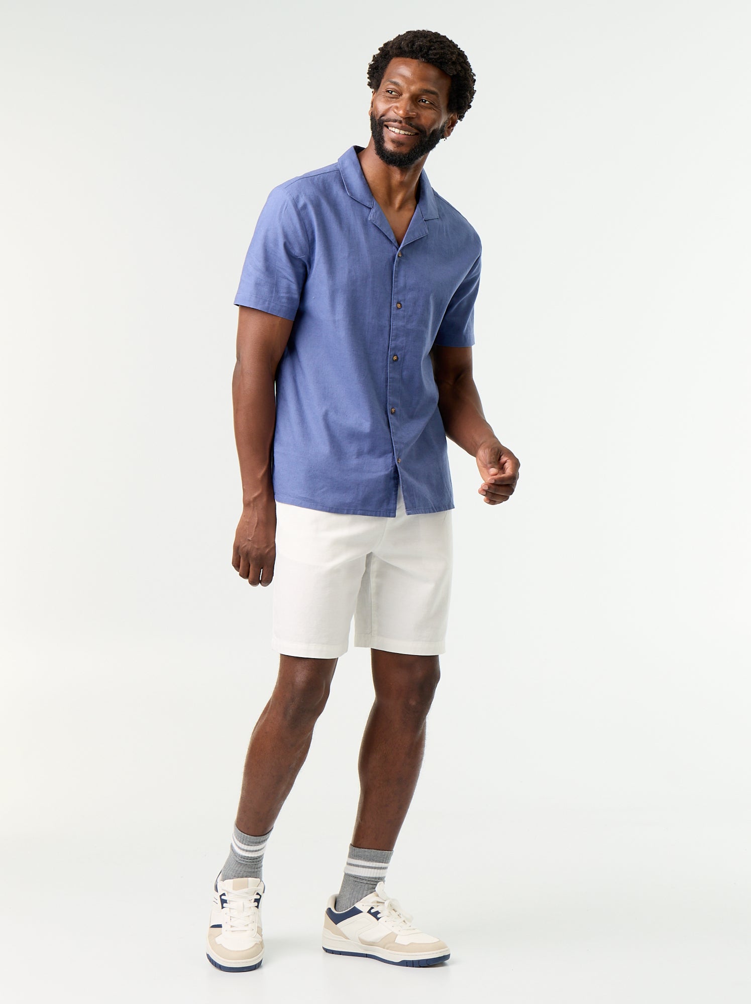 Chemise en lin mélangé à manches courtes - Bleu