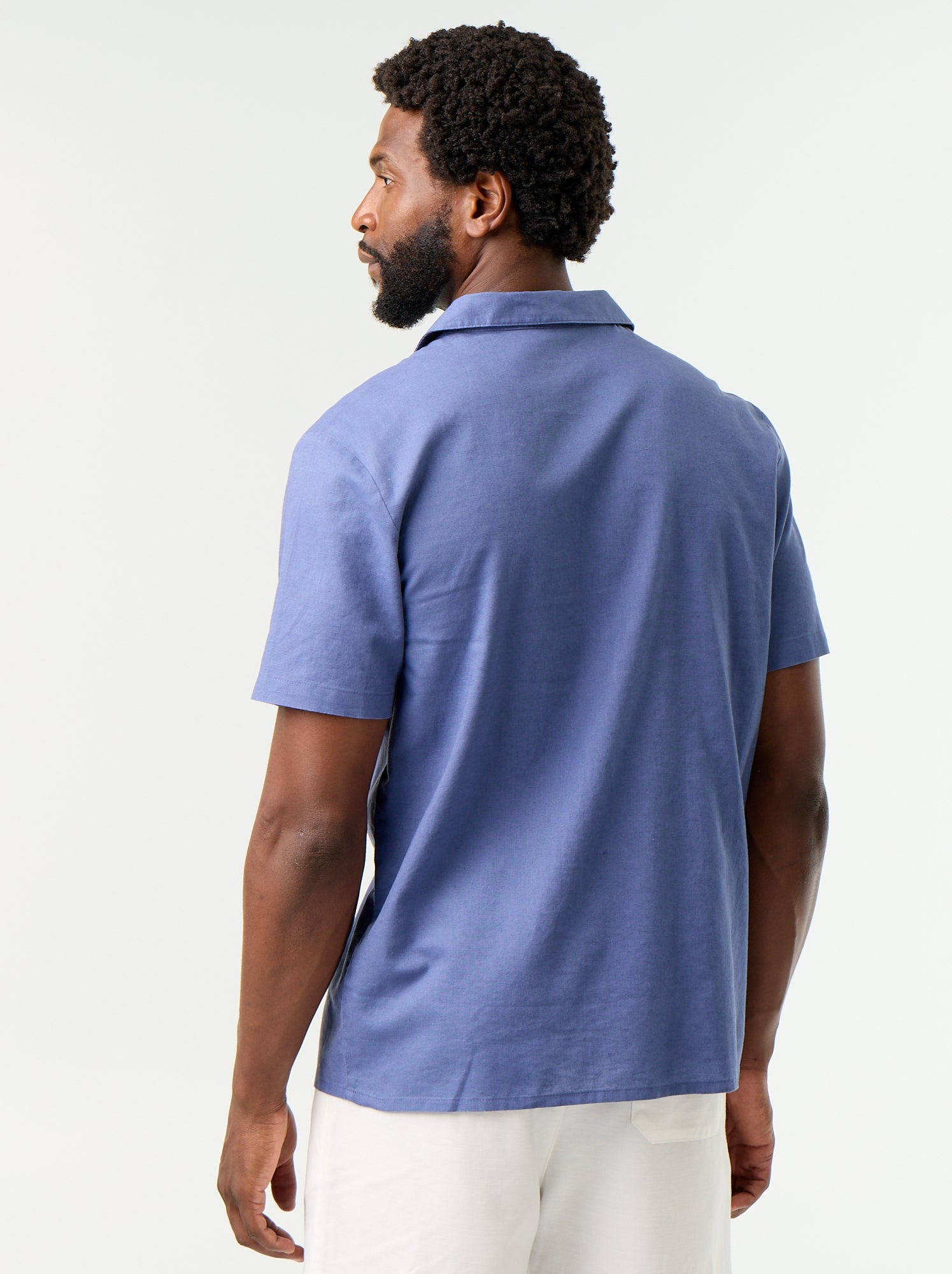 Chemise en lin mélangé à manches courtes - Bleu