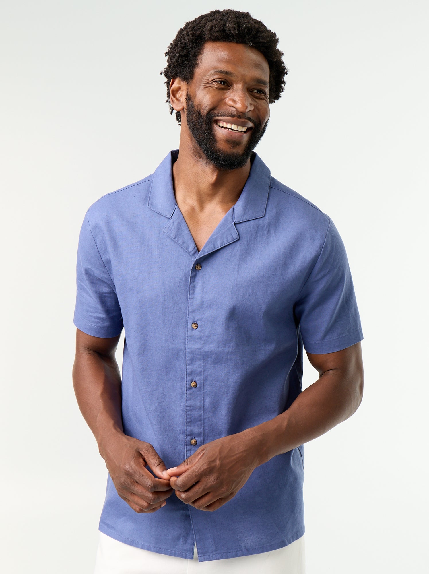 Chemise en lin mélangé à manches courtes - Bleu