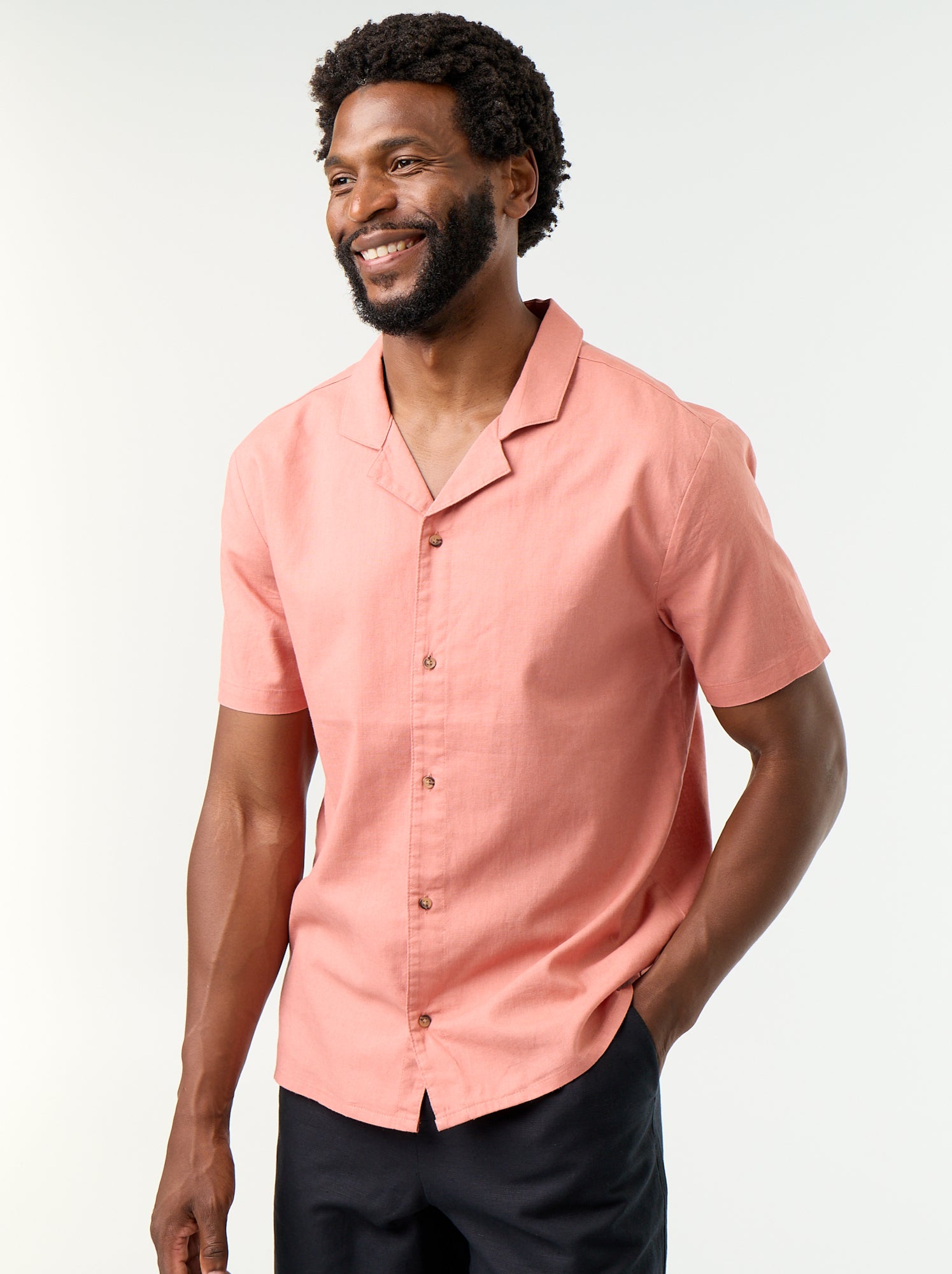 Chemise en lin mélangé à manches courtes - Rose