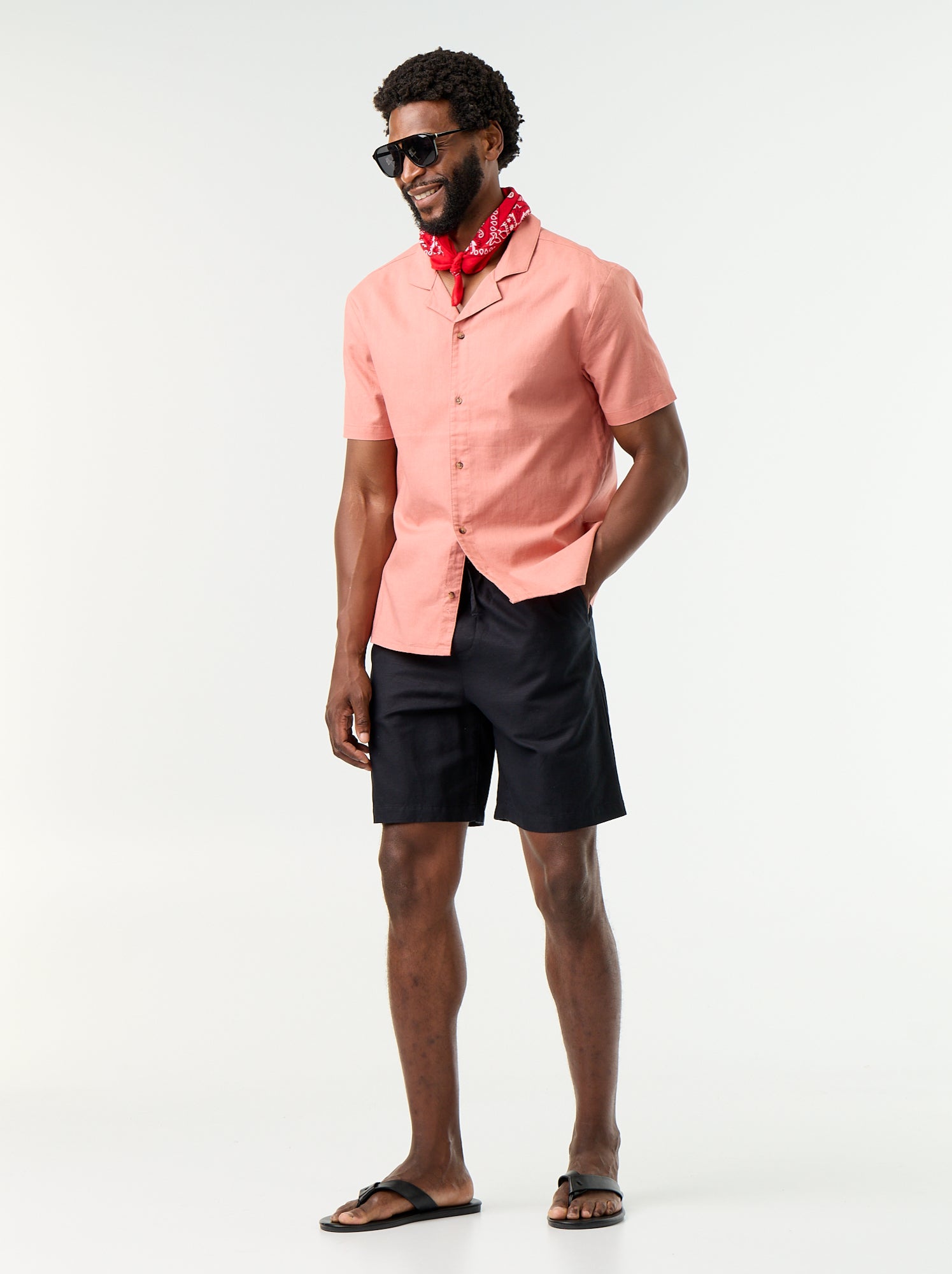 Chemise en lin mélangé à manches courtes - Rose