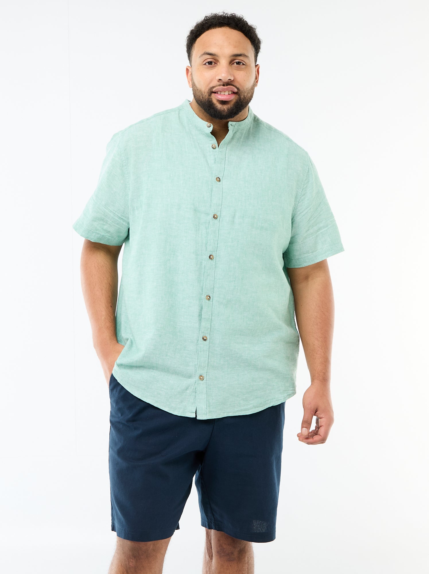 Chemise en lin mélangé à manches courtes - Vert