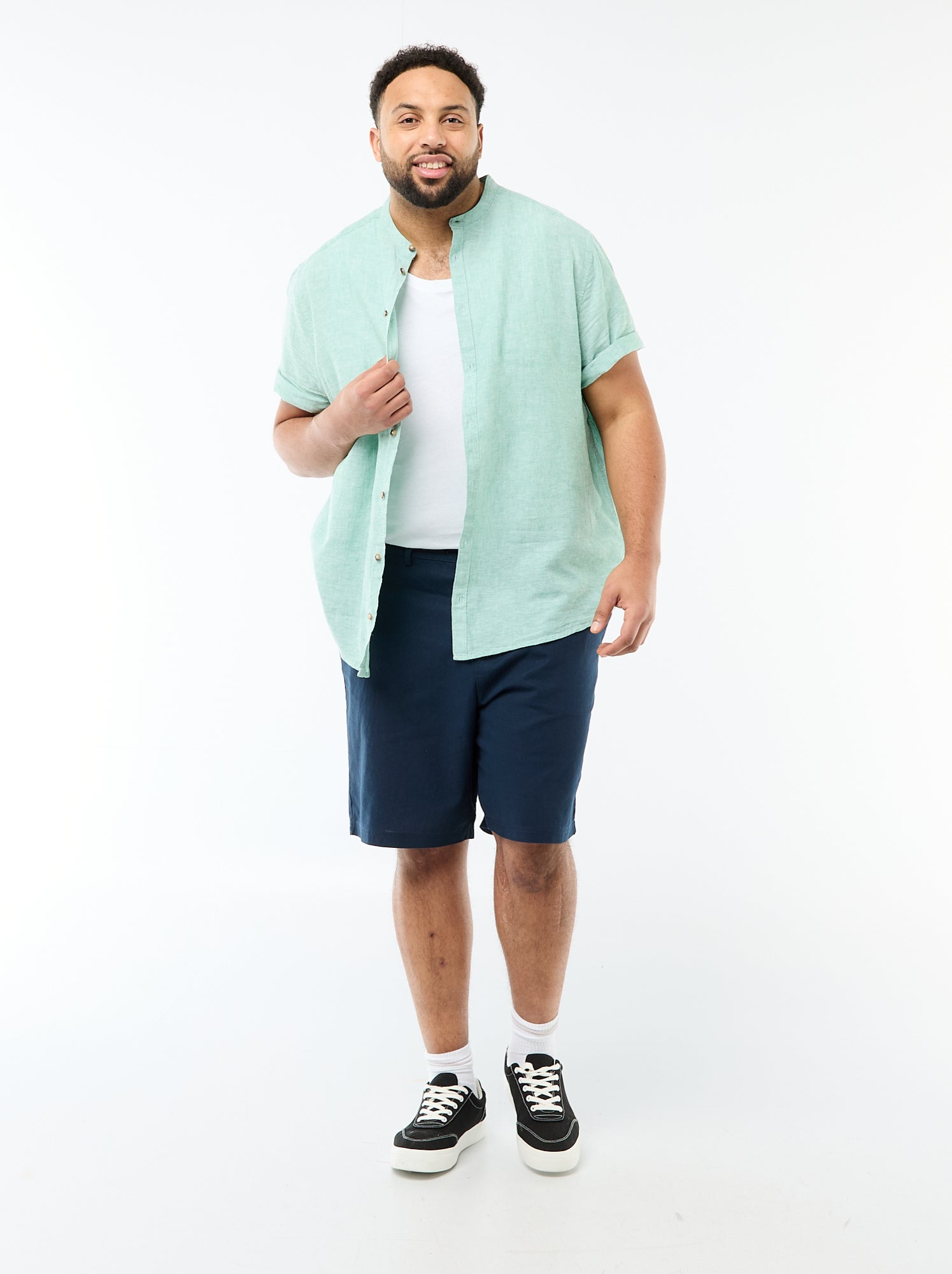 Chemise en lin mélangé à manches courtes - Vert