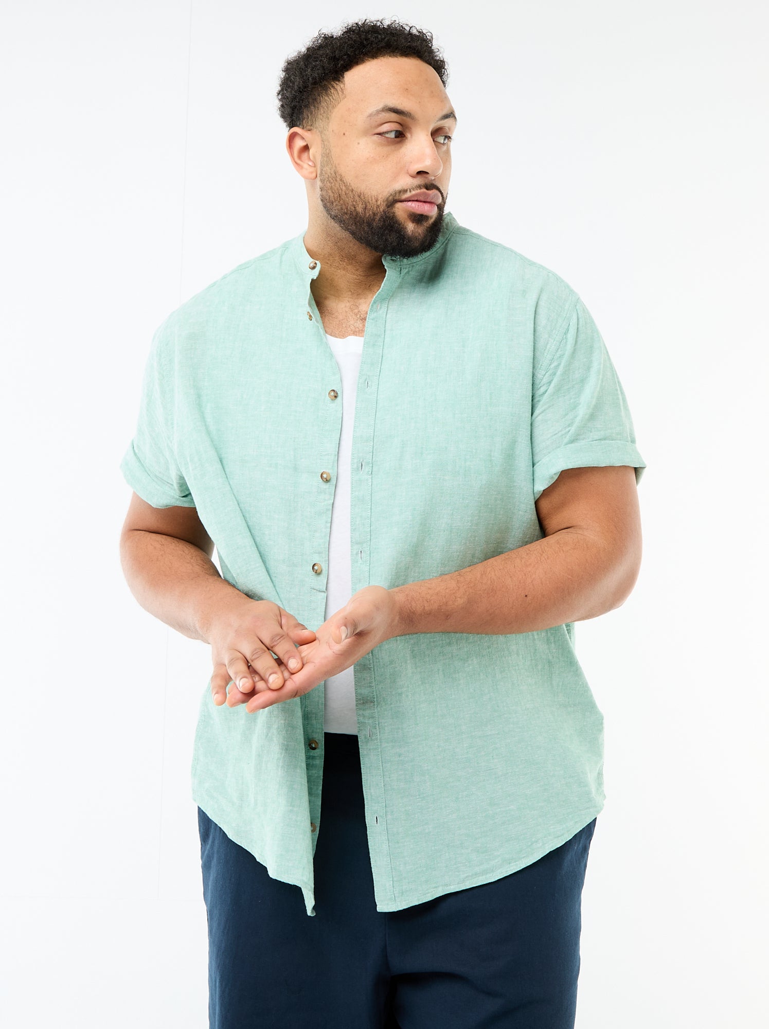Chemise en lin mélangé à manches courtes - Vert