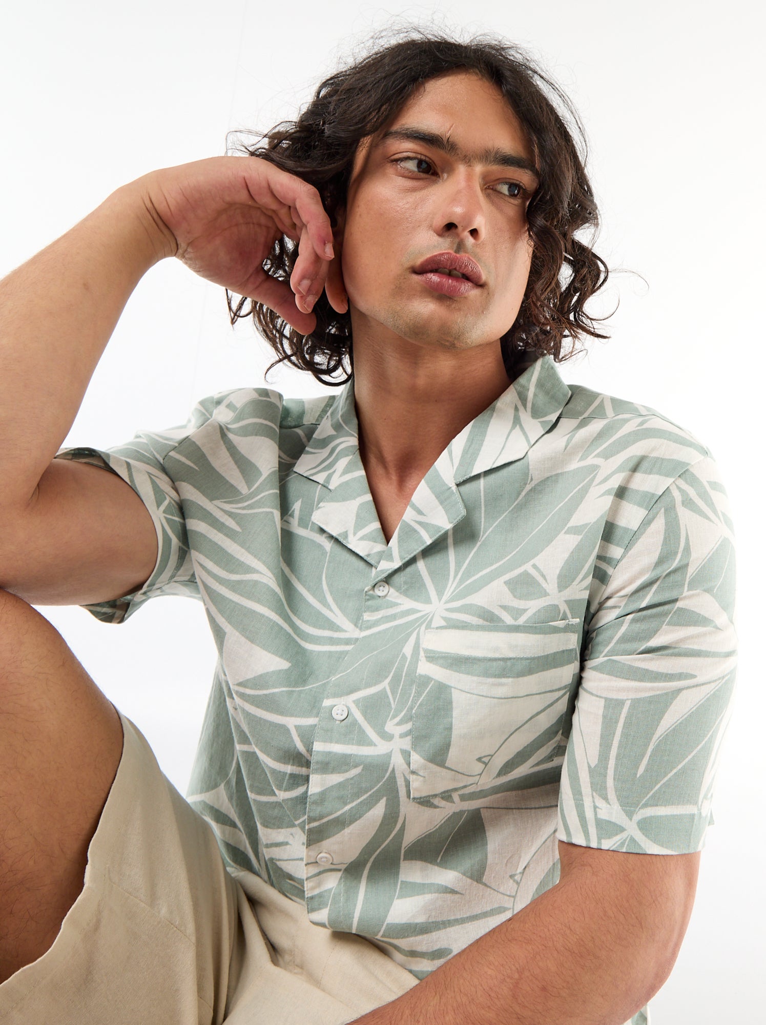 Chemise en lin mélangé à manches courtes - Vert