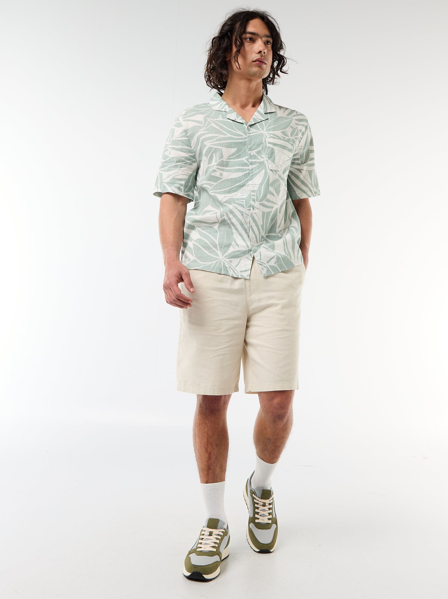 Chemise en lin mélangé à manches courtes - Vert