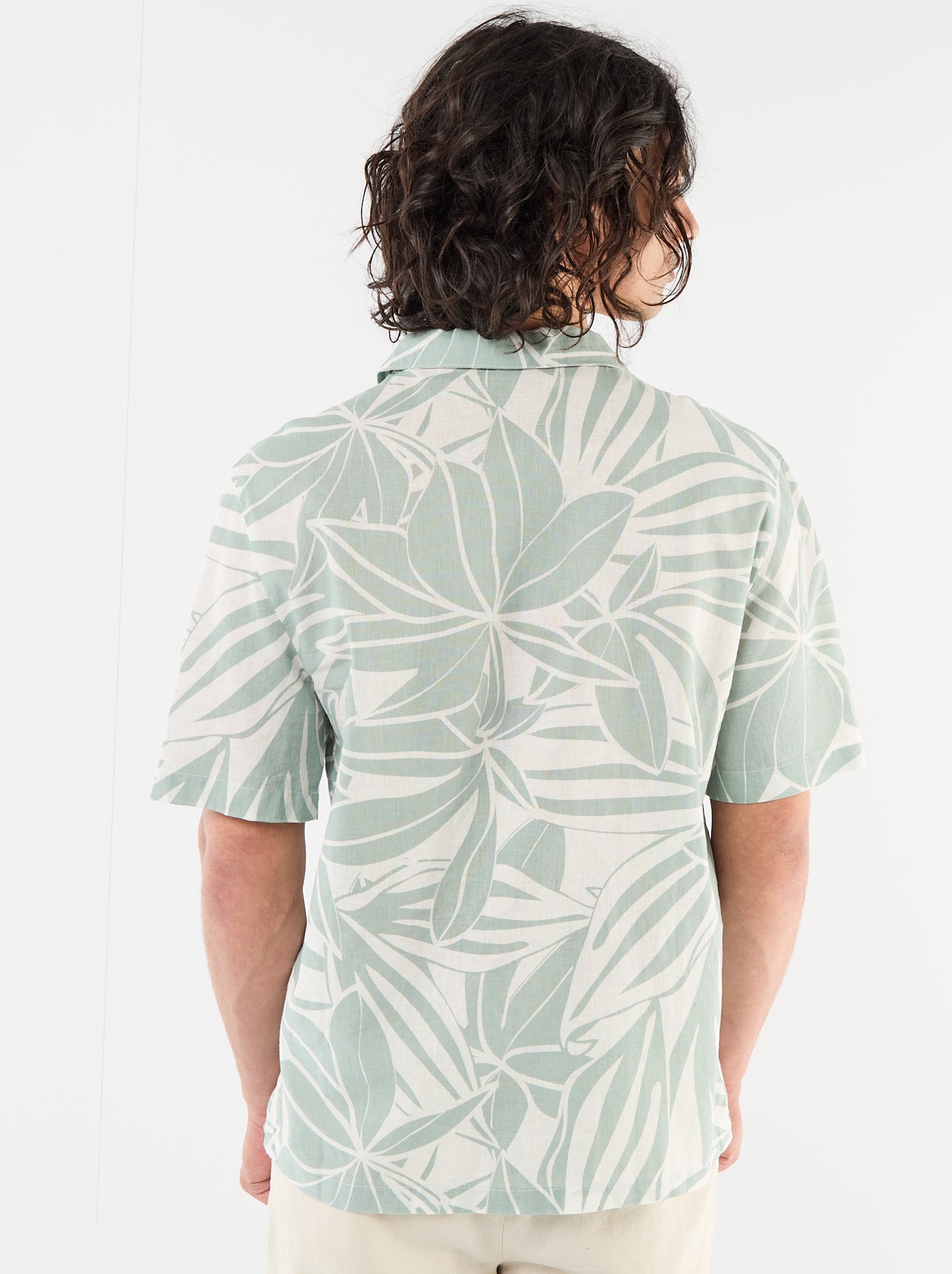Chemise en lin mélangé à manches courtes - Vert