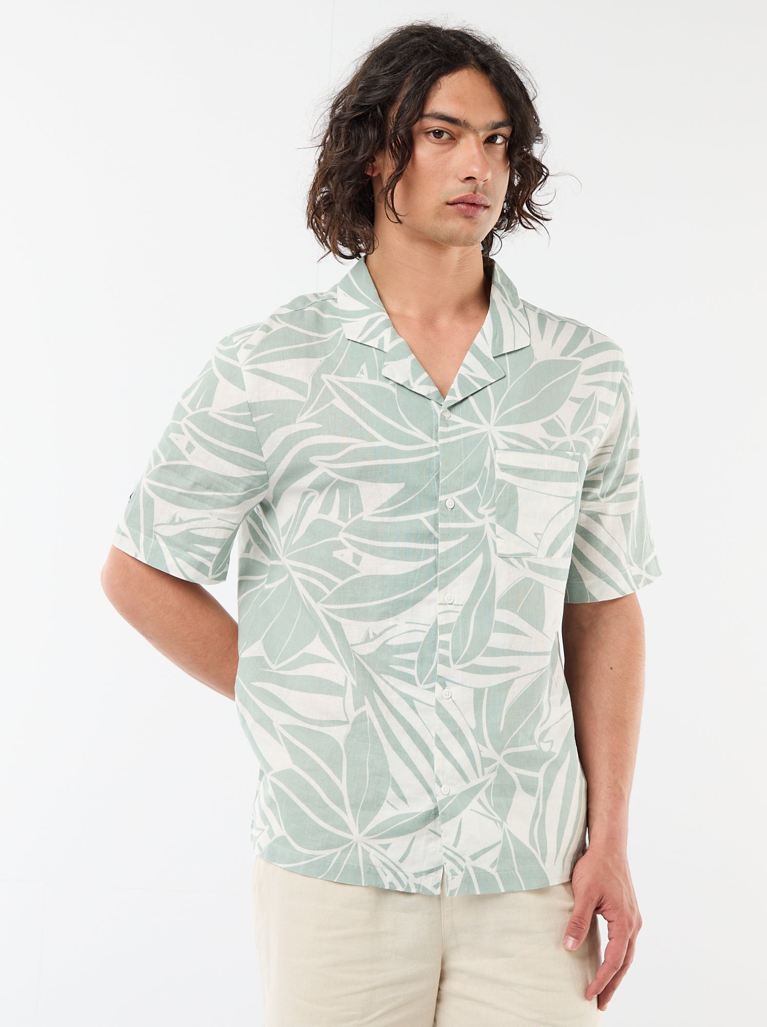 Chemise en lin mélangé à manches courtes - Vert