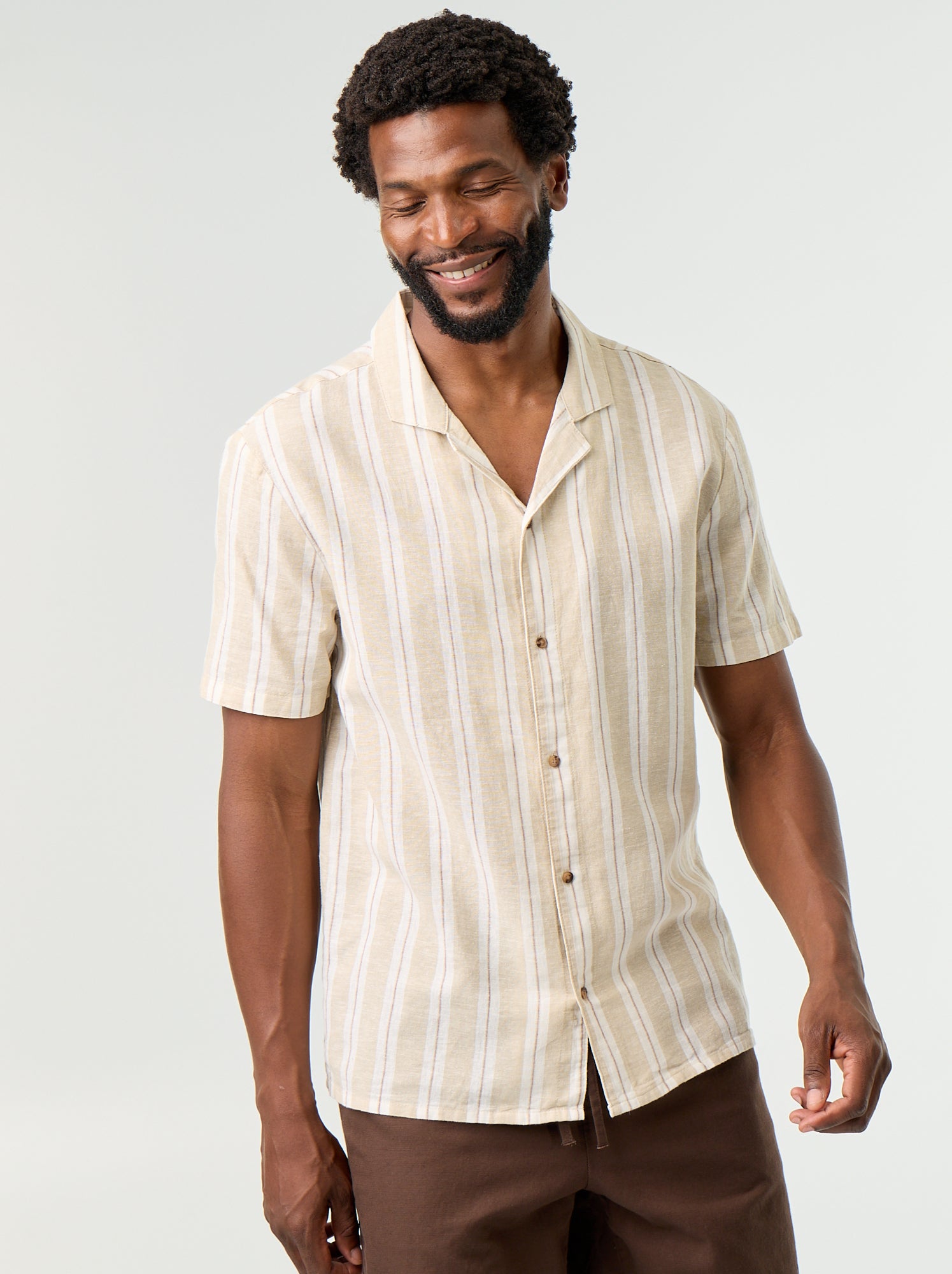 Chemise en lin mélangé à rayures - Beige