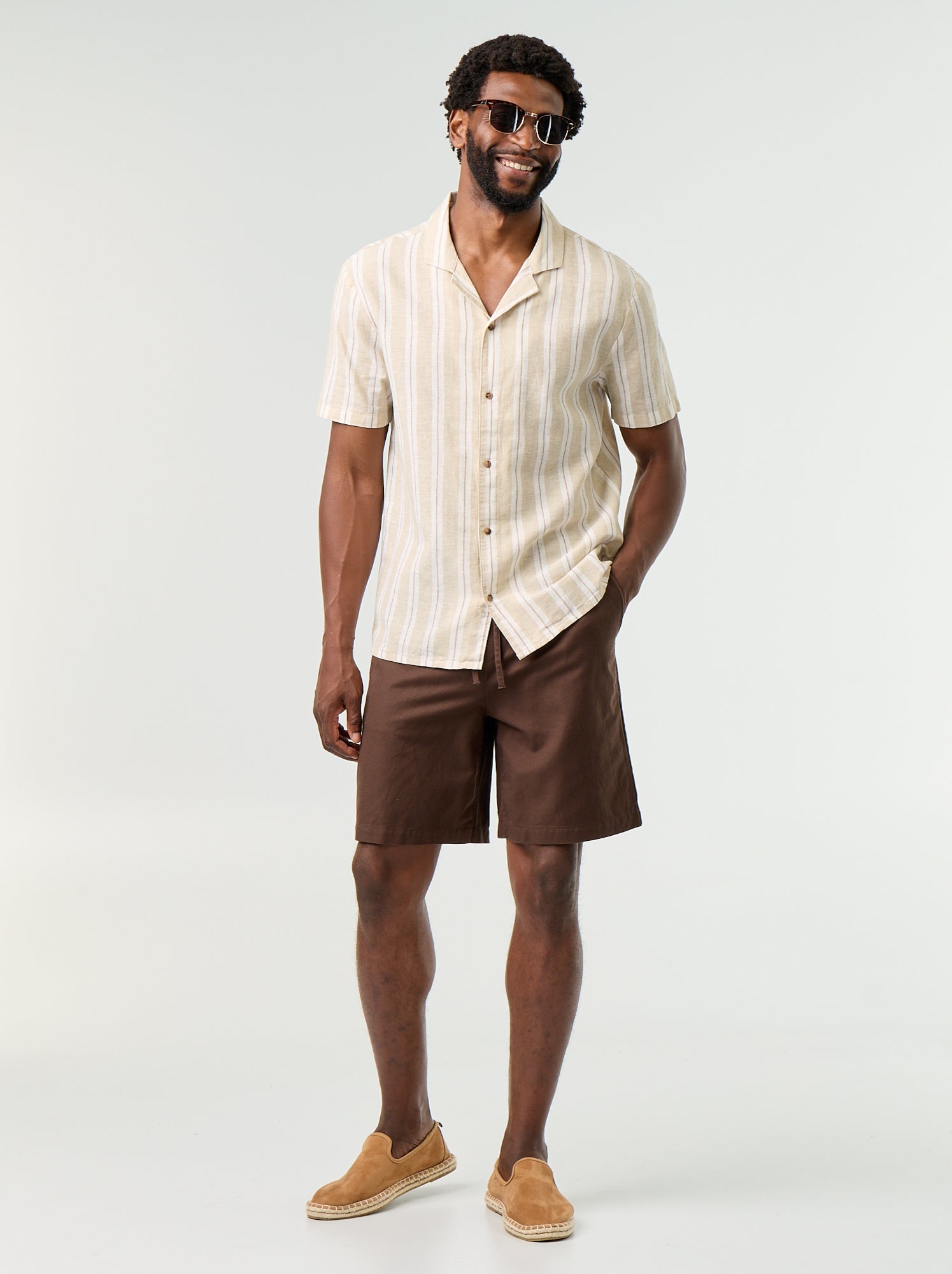 Chemise en lin mélangé à rayures - Beige