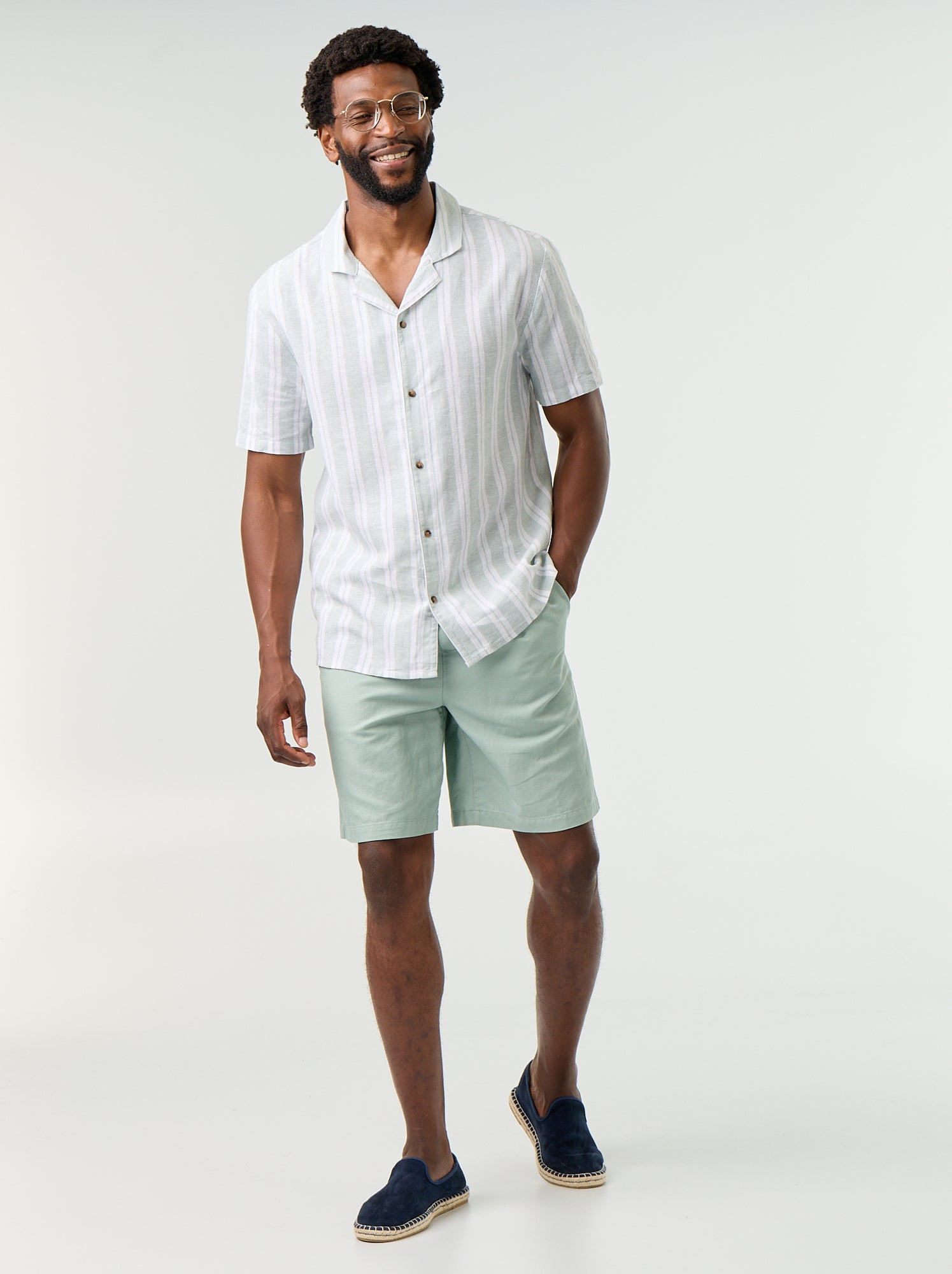 Chemise en lin mélangé à rayures - Vert