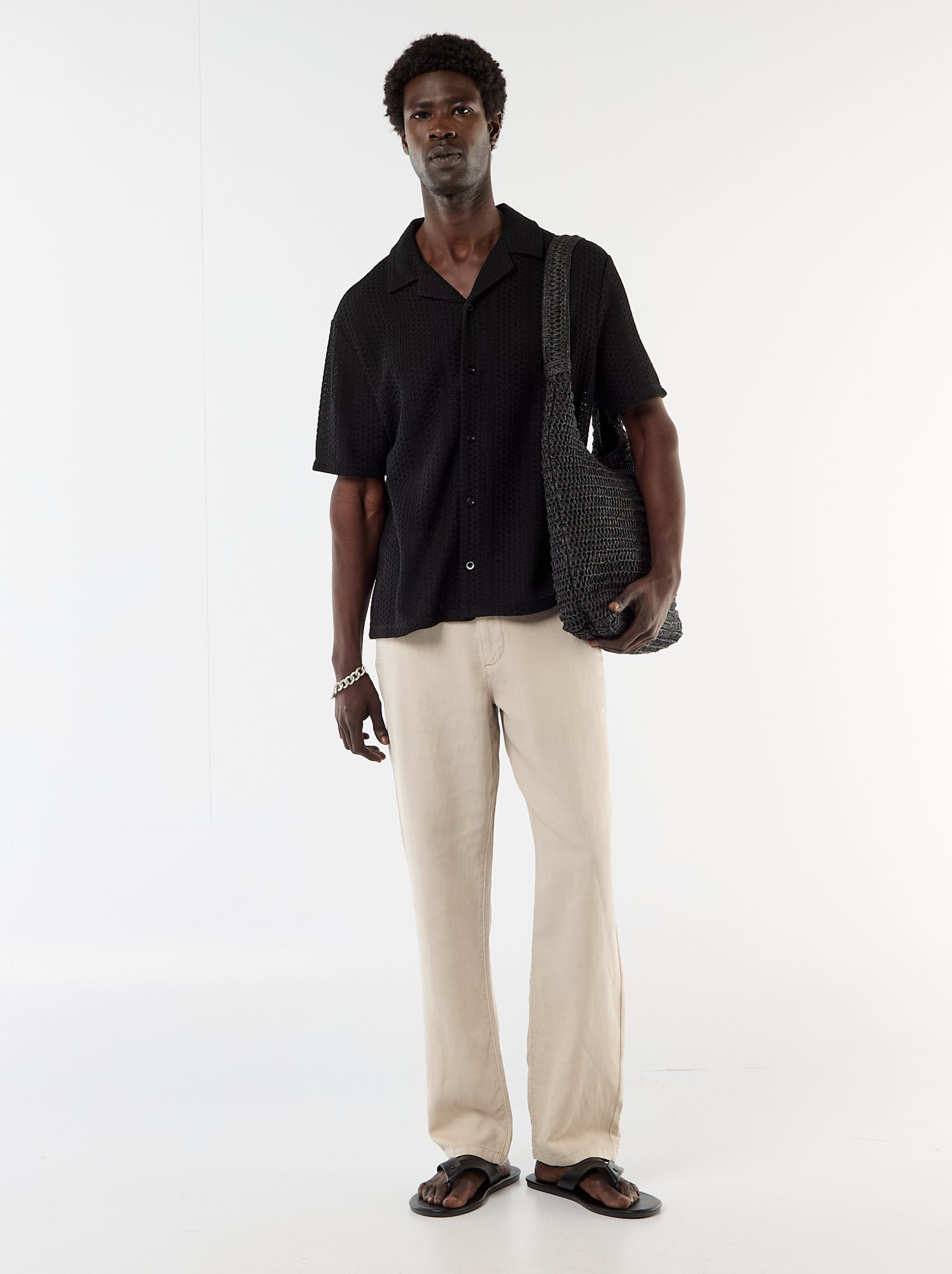 Chemise en maille ajourée et à manches courtes - Noir
