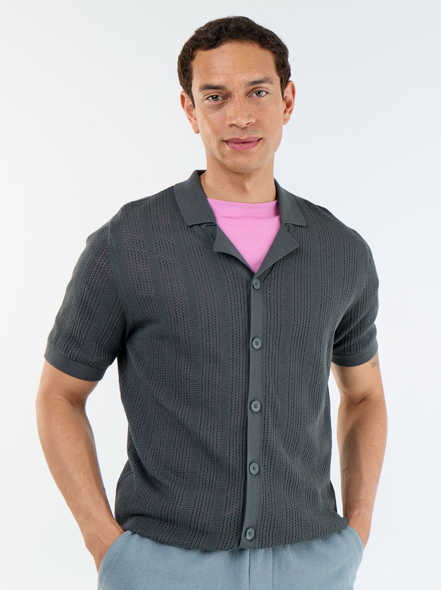 Chemise en matière ajourée à manches courtes - Kaki