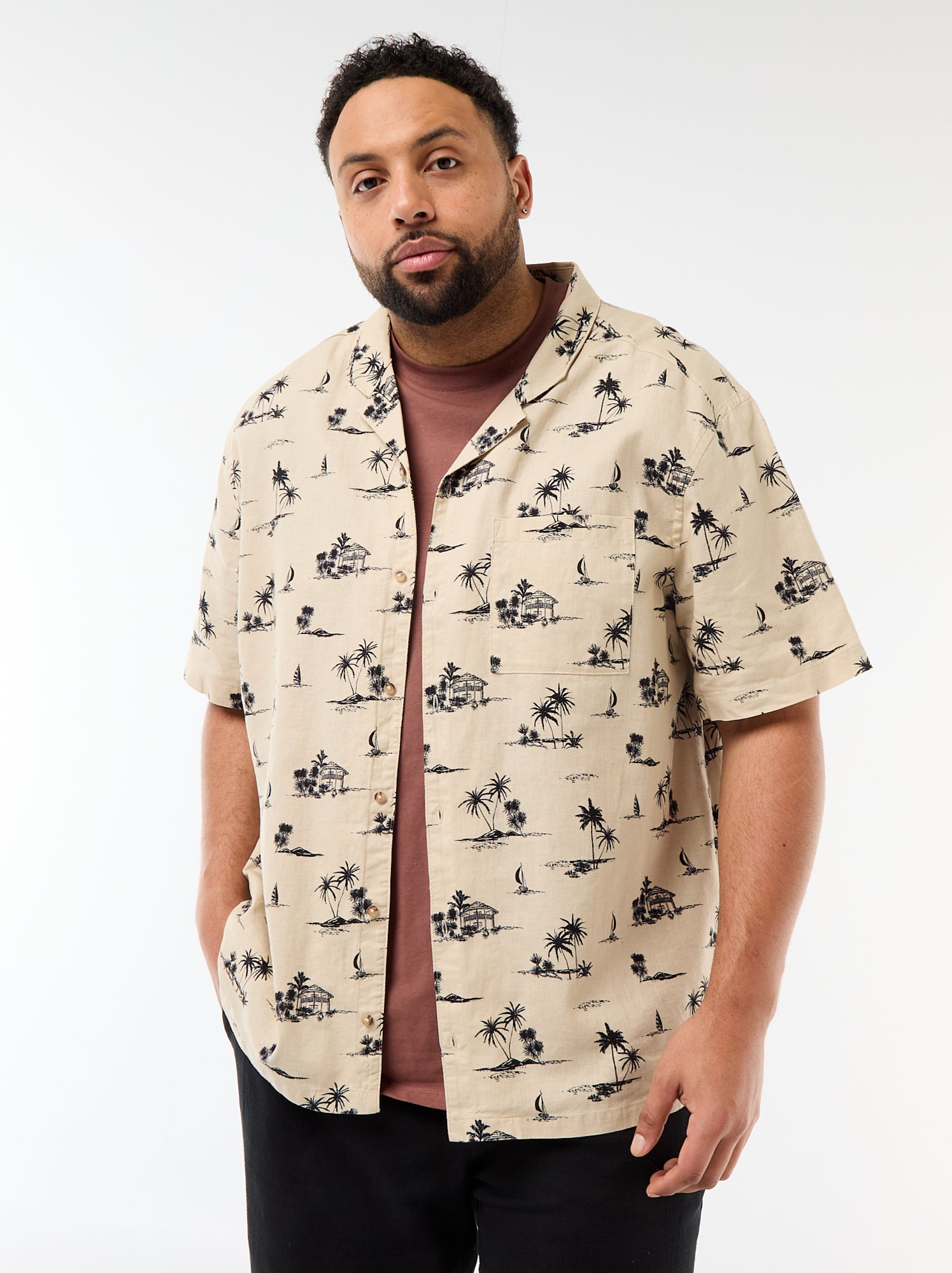 Chemise manches courtes à motif - Beige