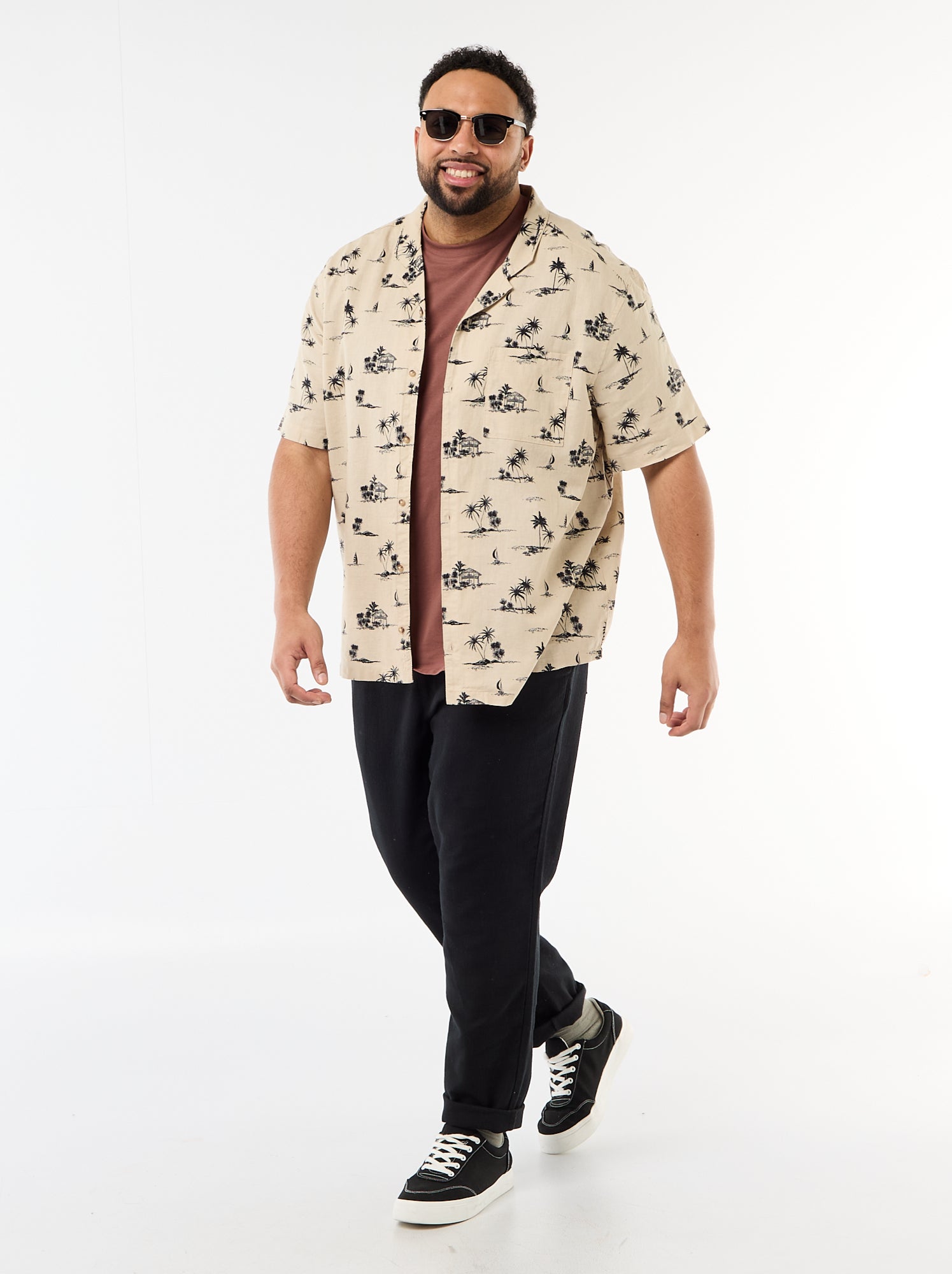 Chemise manches courtes à motif - Beige