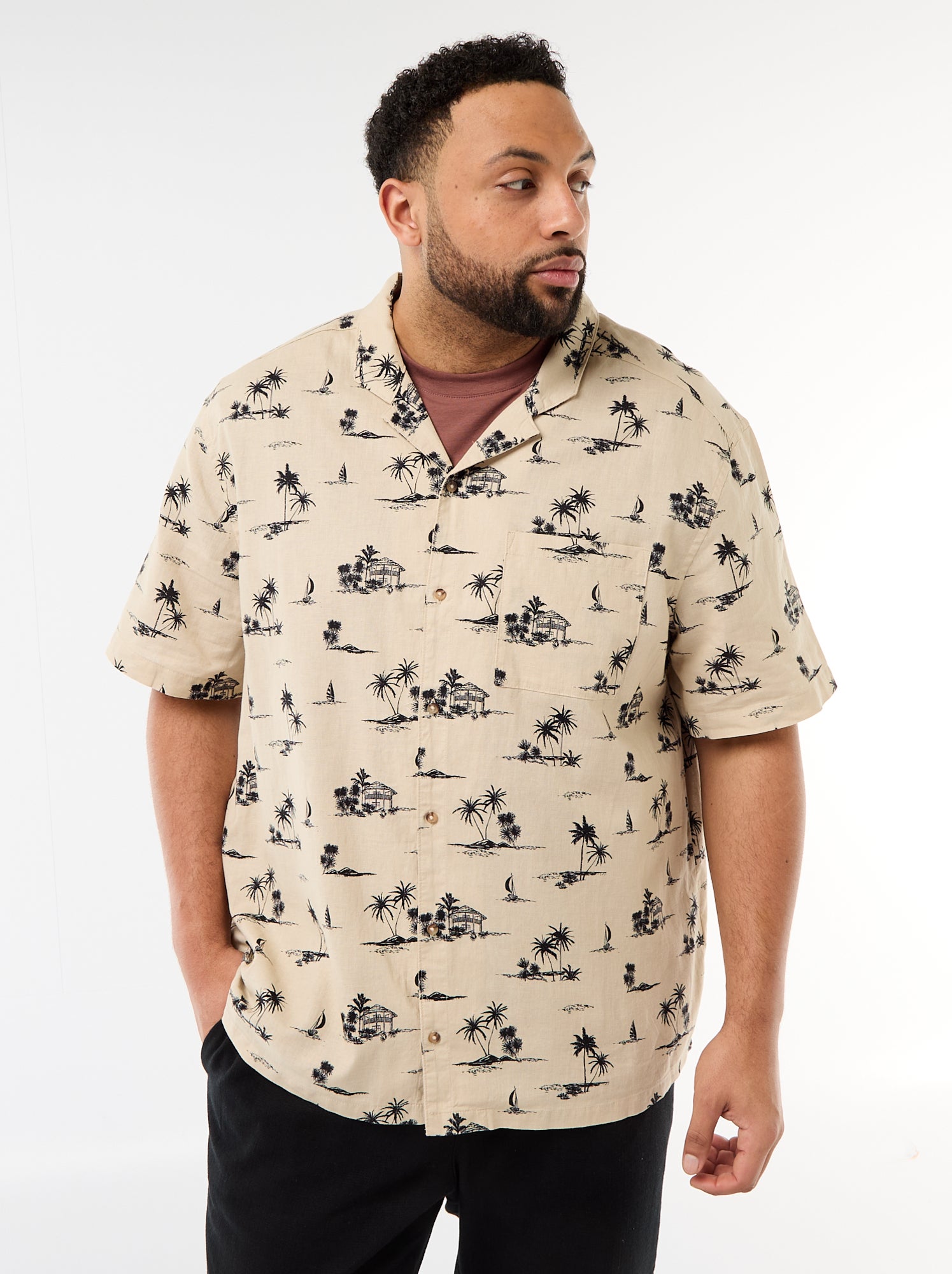 Chemise manches courtes à motif - Beige