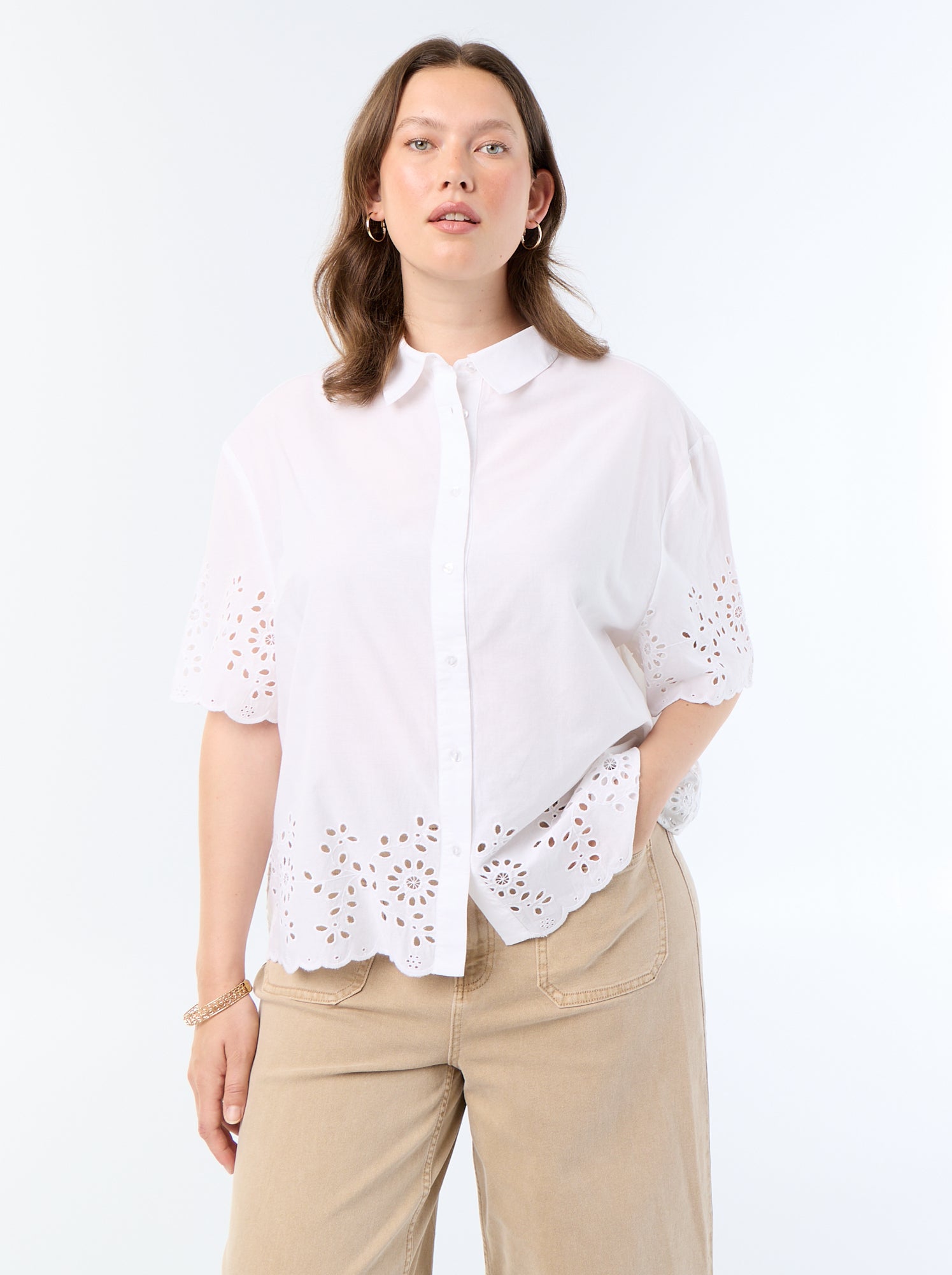 Chemise manches courtes avec broderie ajourée - Blanc