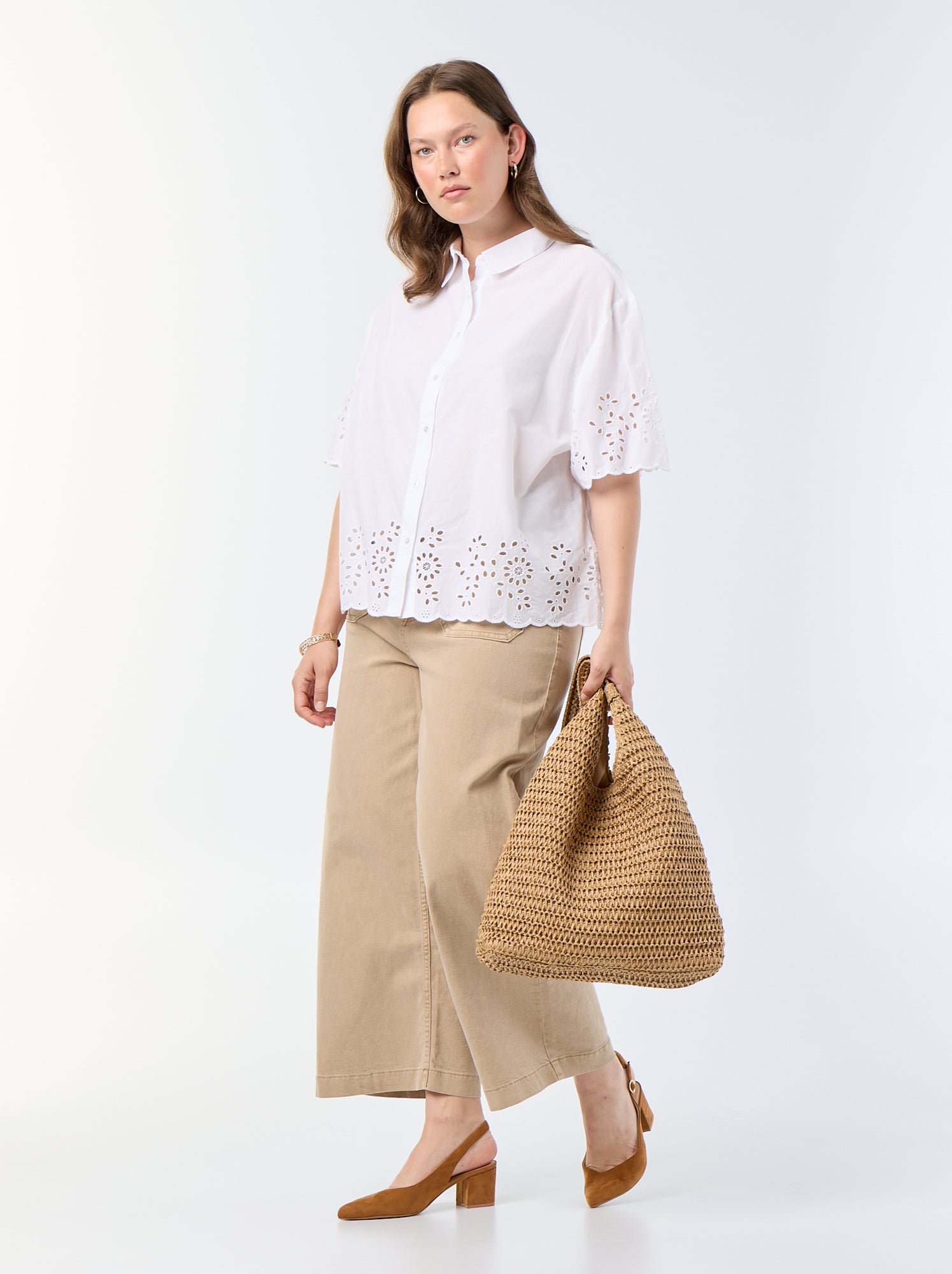 Chemise manches courtes avec broderie ajourée - Blanc