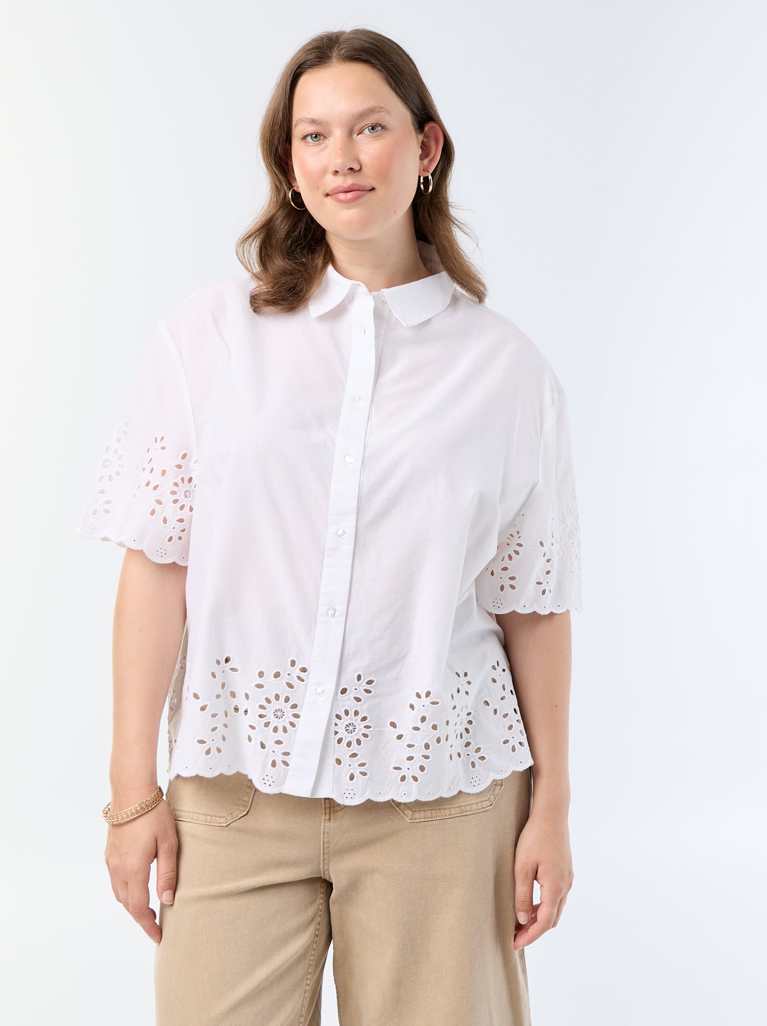 Chemise manches courtes avec broderie ajourée - Blanc