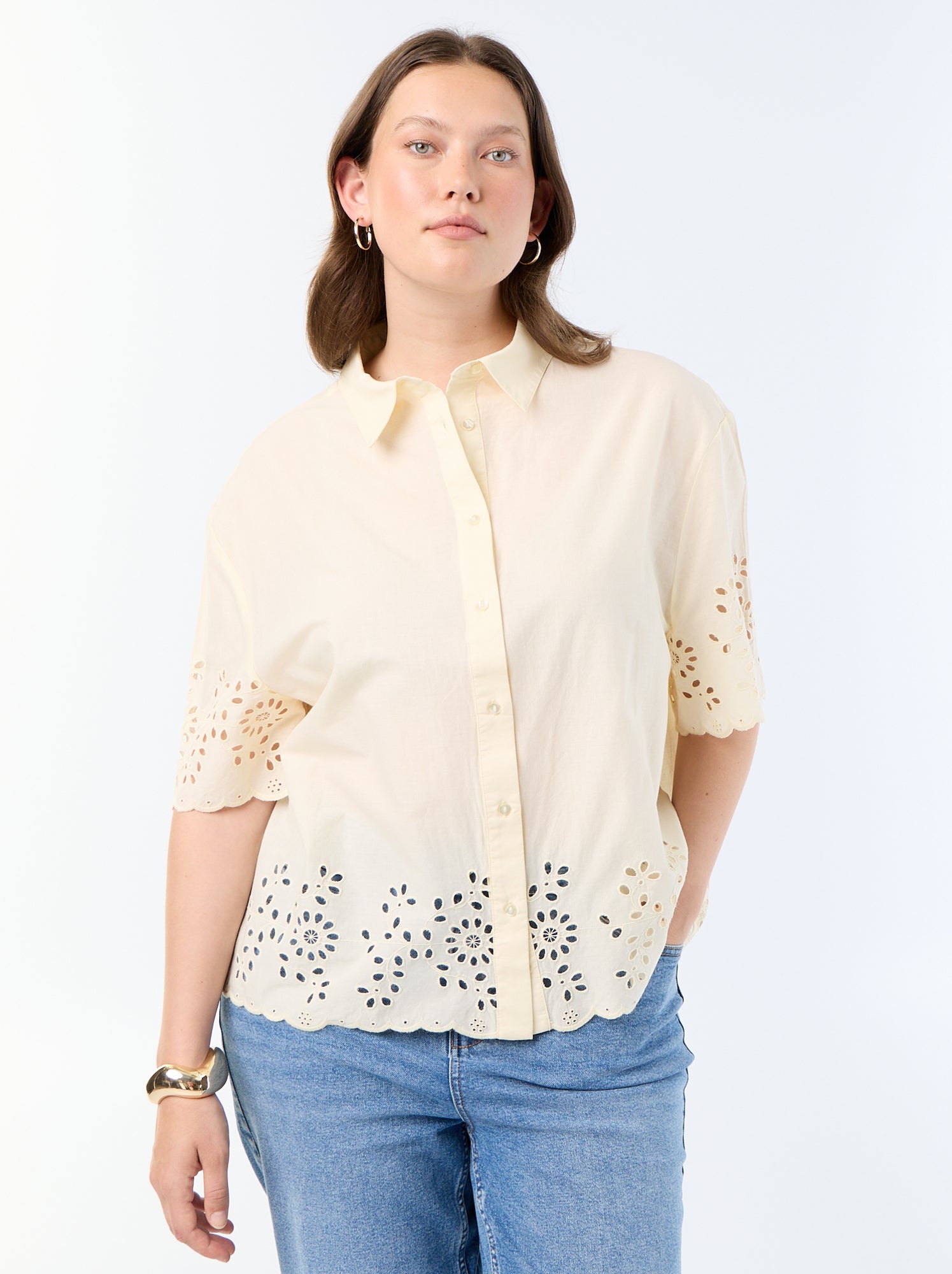 Chemise manches courtes avec broderie ajourée - Jaune