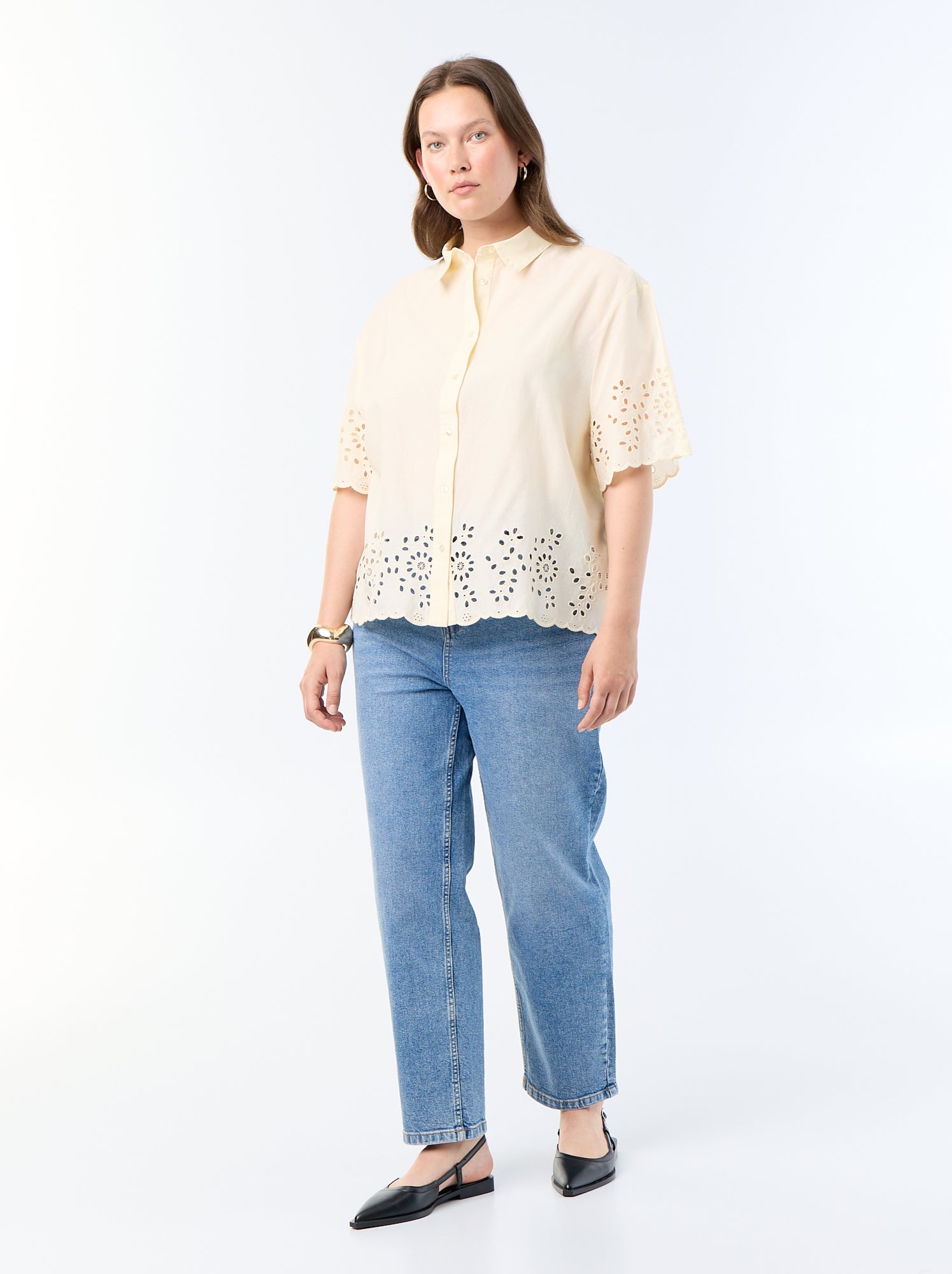 Chemise manches courtes avec broderie ajourée - Jaune